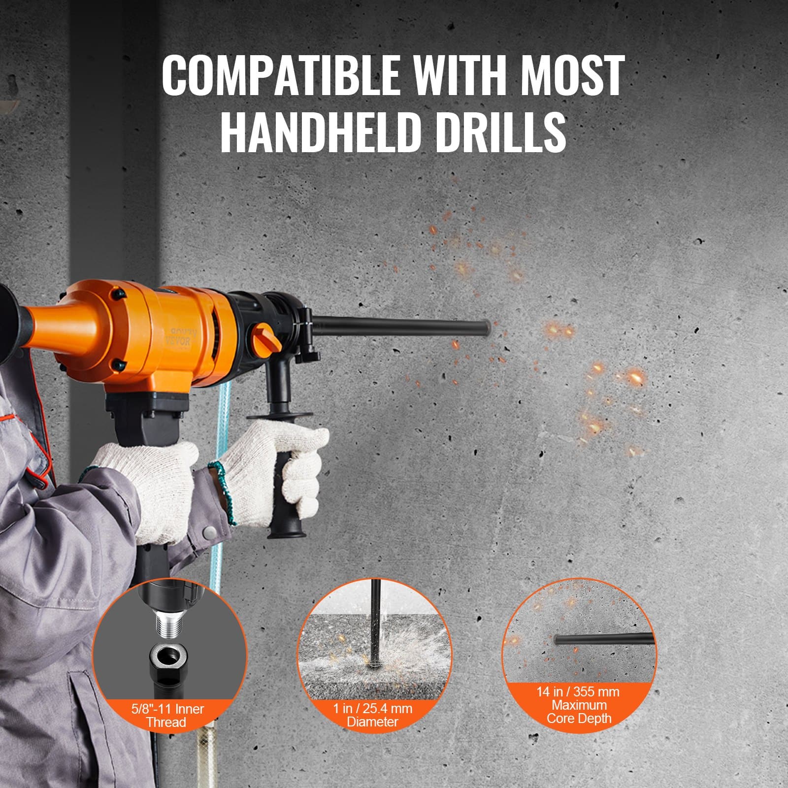 VEVOR 25 mm Diamond Wet Core Drill Bit, 355 mm Depth, 5/8"-11 Thread, Laser Welded for Concrete, Brick, Block Drilling - Зображення 4