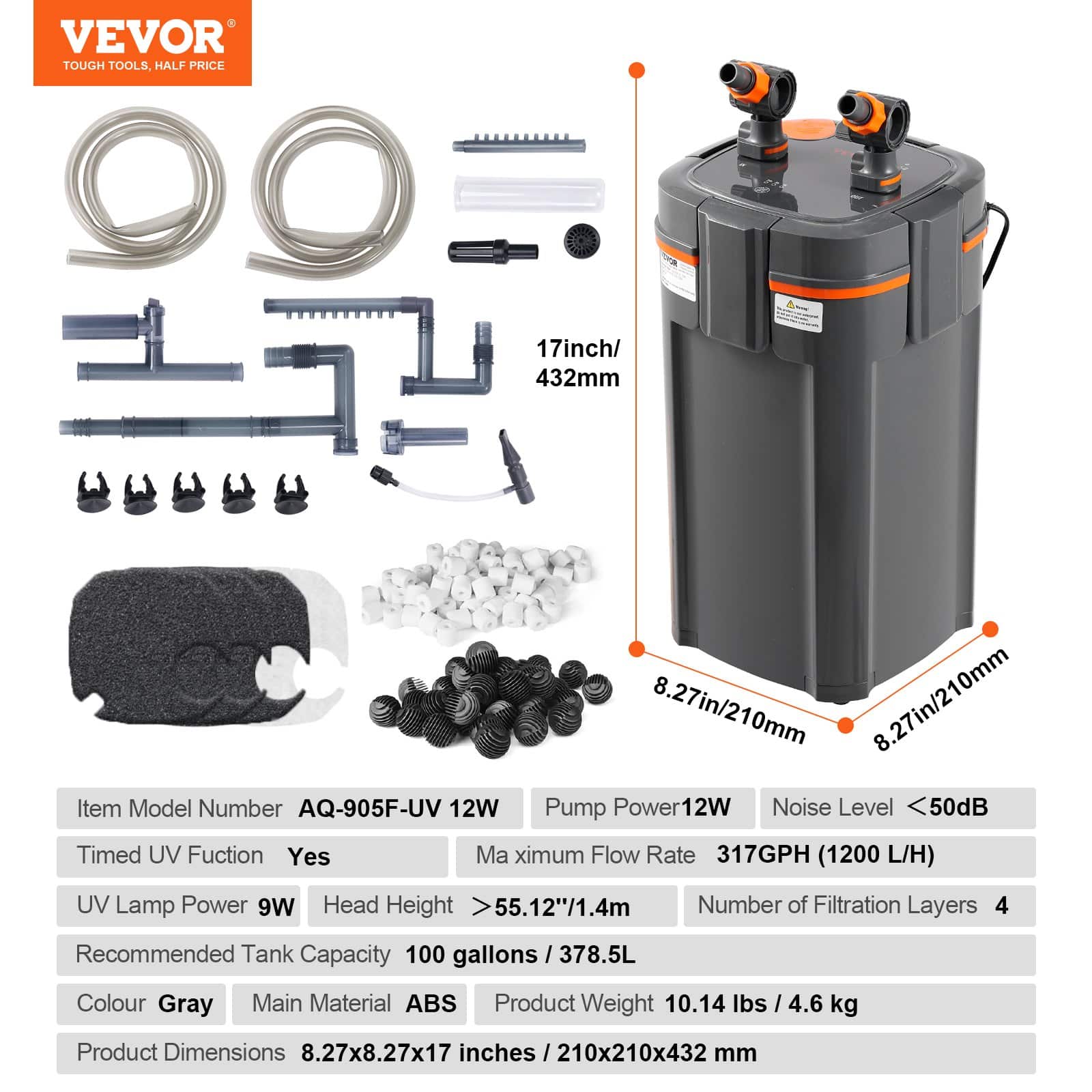 VEVOR 378.5 L Aquarium Canister Filter with 12W UV Lamp, 1200 L/h Flow, Quiet Motor for Fish & Turtle Tanks - Зображення 7