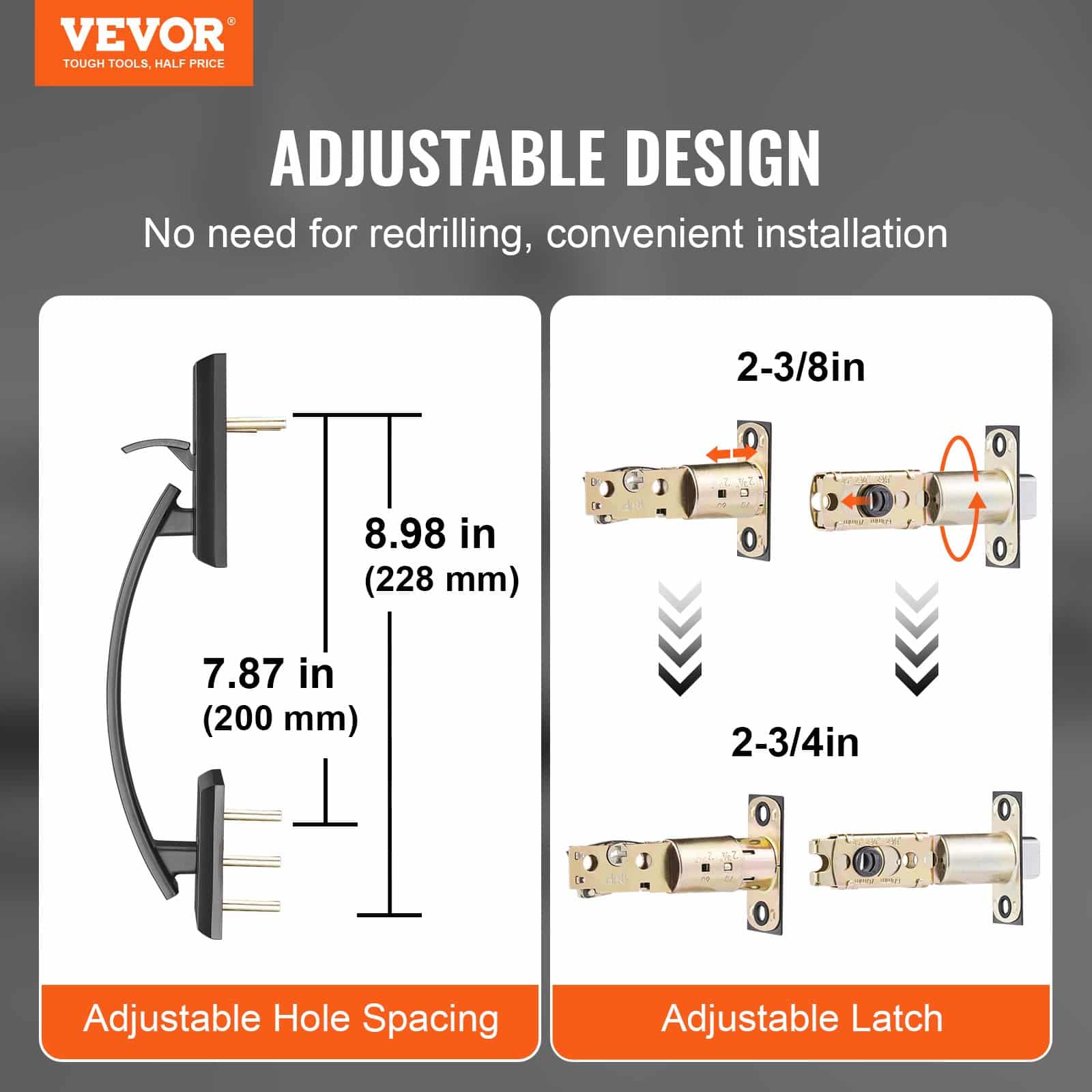 VEVOR Matte Black Double Front Door Handle Set with Reversible Lever, Heavy-Duty Lock Set, Adjustable 20–22.8 cm Hole Spacing — изображение 2