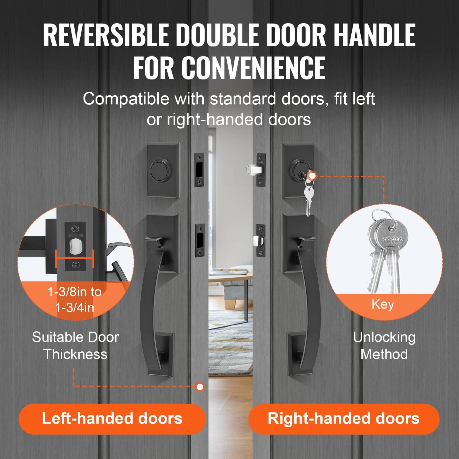 VEVOR Matte Black Double Front Door Handle Set with Reversible Lever, Heavy-Duty Lock Set, Adjustable 20–22.8 cm Hole Spacing — изображение 5