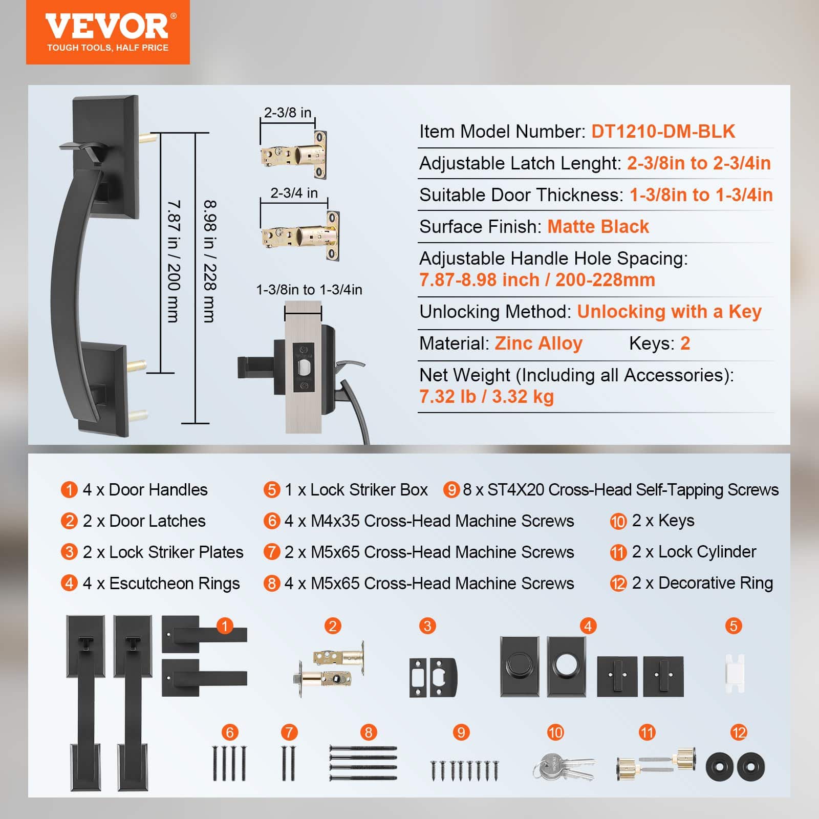 VEVOR Matte Black Double Front Door Handle Set with Reversible Lever, Heavy-Duty Lock Set, Adjustable 20–22.8 cm Hole Spacing — изображение 7