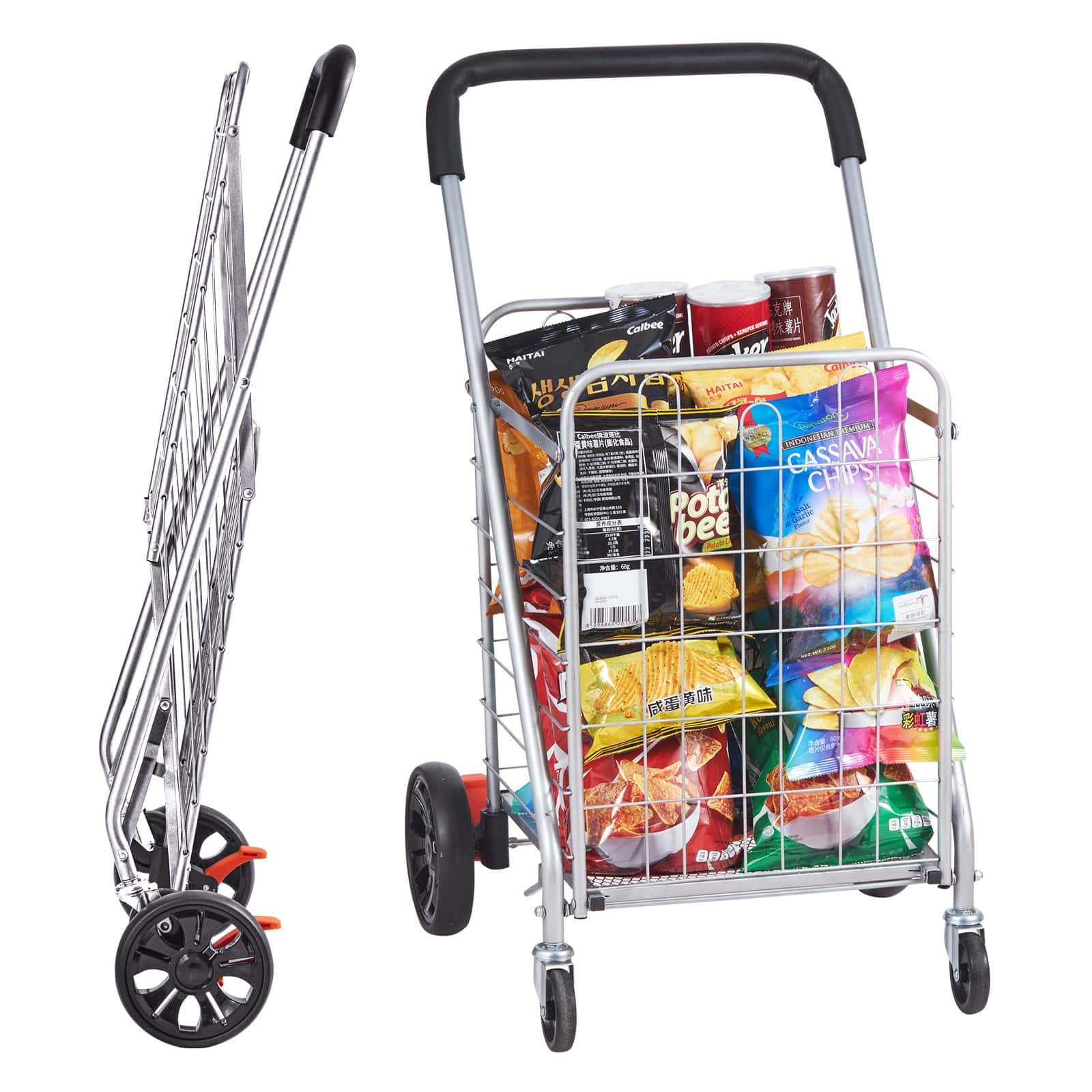 VEVOR Foldable Shopping Cart 50 kg Capacity, Heavy Duty Rolling Trolley with Swivel Wheels, Lightweight Utility Basket, Silver — изображение 10