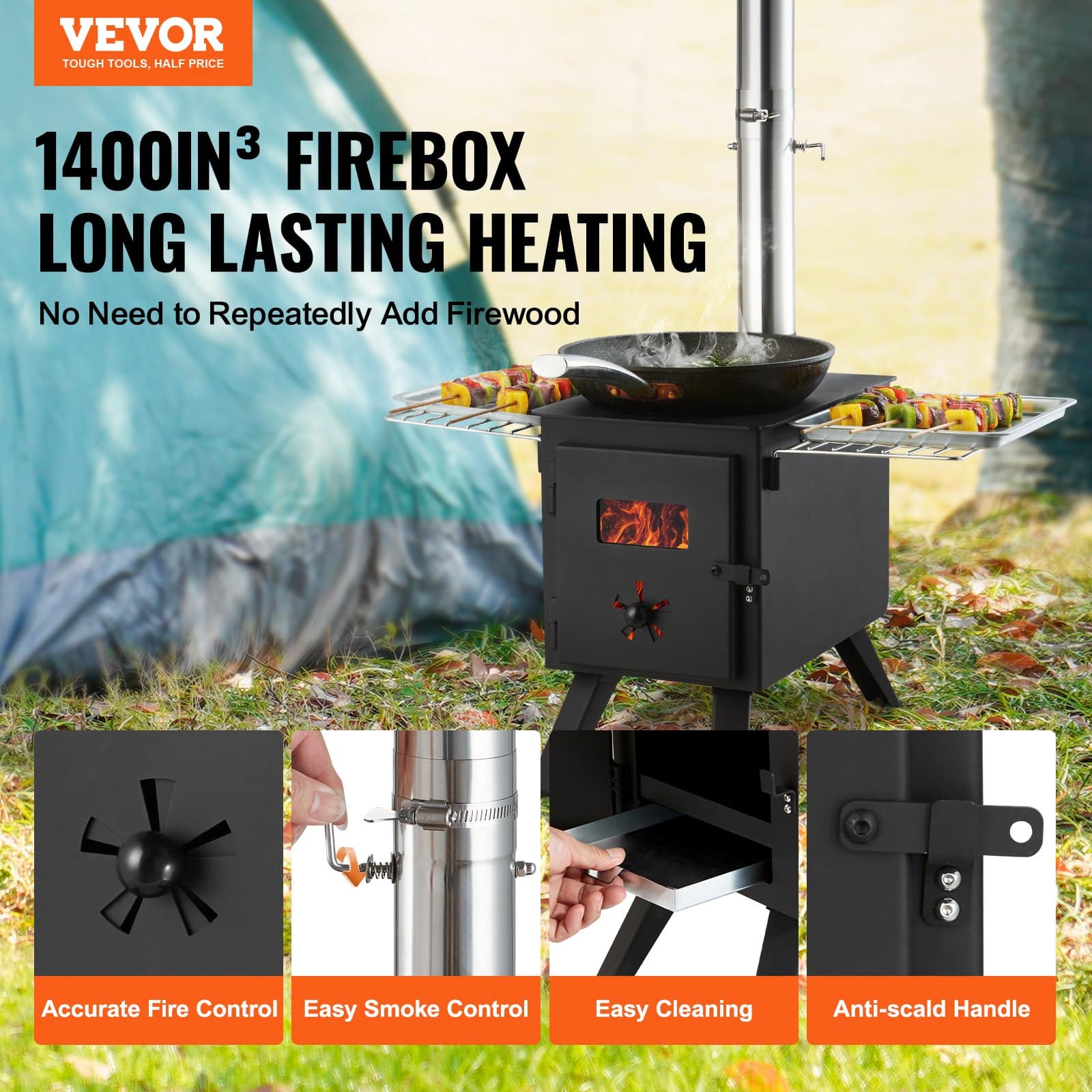 VEVOR Portable Alloy Steel Wood Stove with 22942 cm³ Firebox, 218.4 cm Height, 8 Chimney Pipes & Gloves for Outdoor Cooking & Heating - Image 2