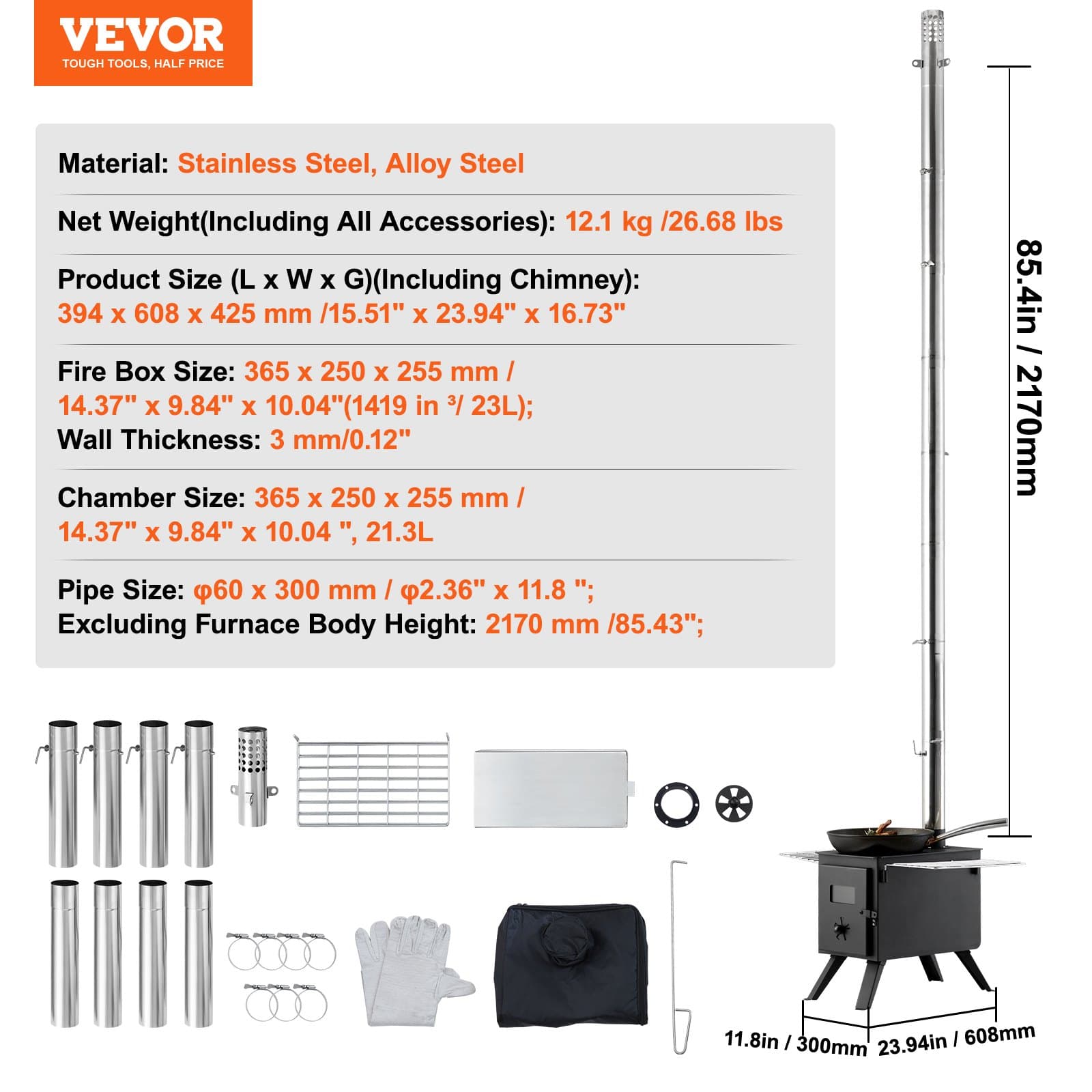 VEVOR Portable Alloy Steel Wood Stove with 22942 cm³ Firebox, 218.4 cm Height, 8 Chimney Pipes & Gloves for Outdoor Cooking & Heating - Image 7