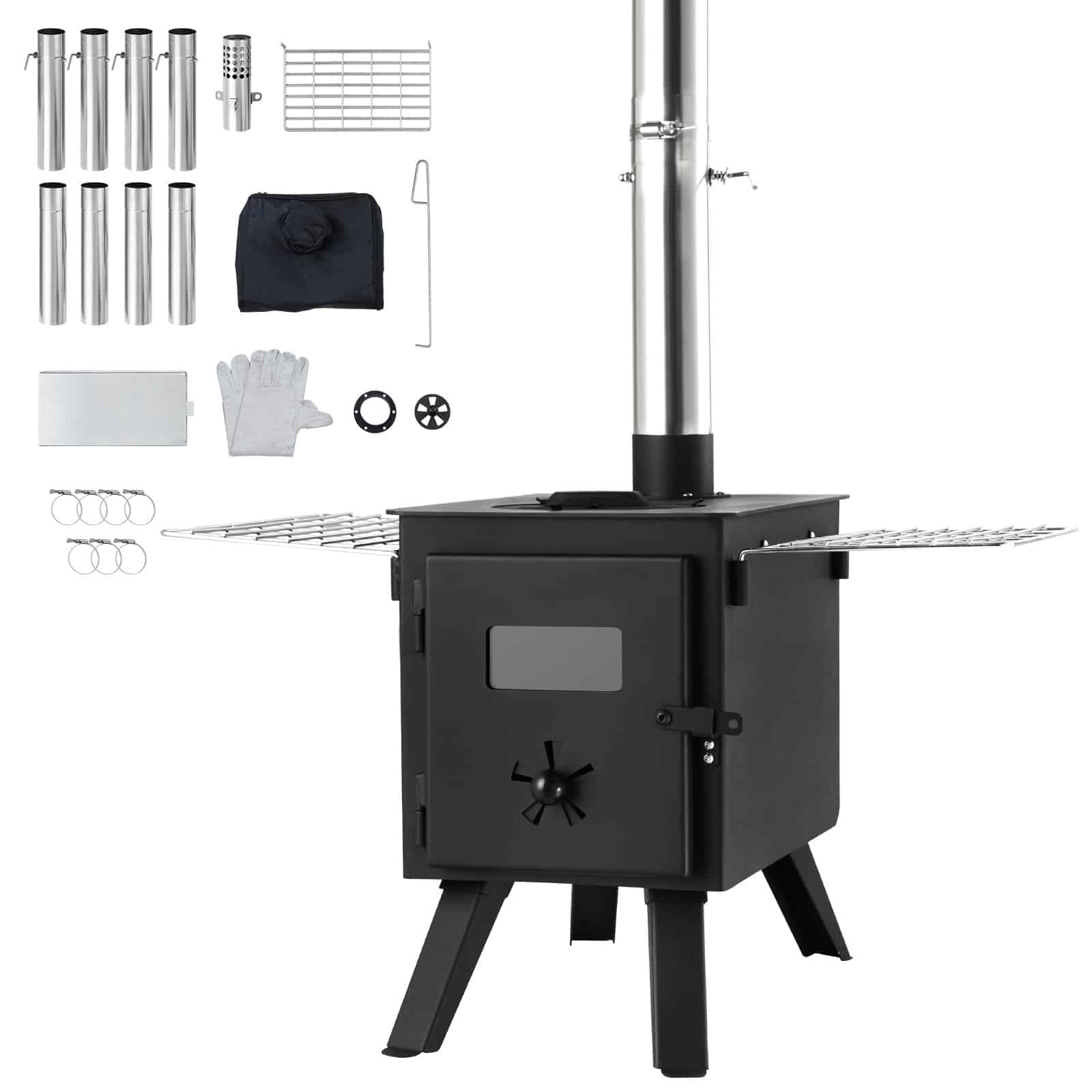 VEVOR Portable Alloy Steel Wood Stove with 22942 cm³ Firebox, 218.4 cm Height, 8 Chimney Pipes & Gloves for Outdoor Cooking & Heating - Image 9
