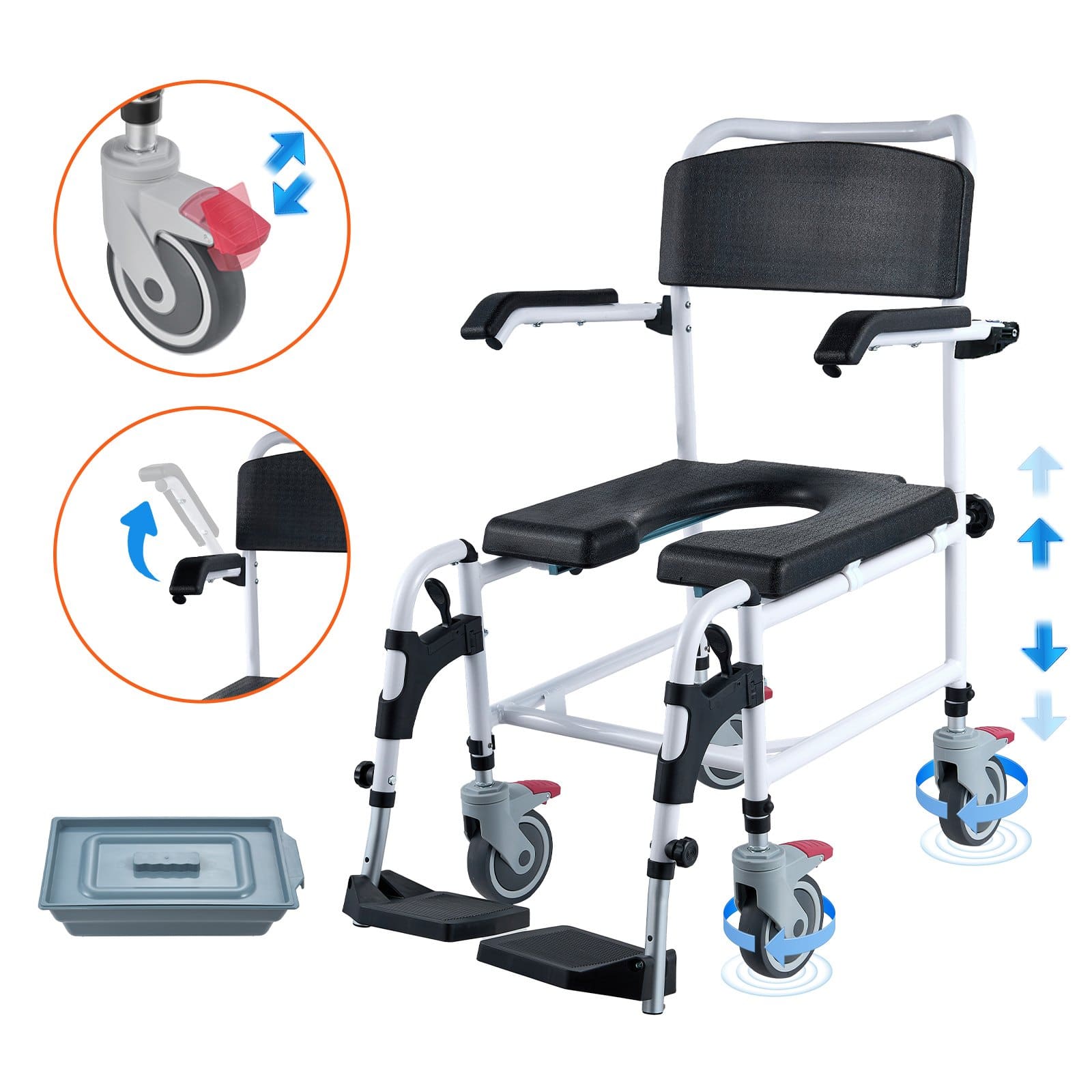 VEVOR 4-in-1 Shower Commode Wheelchair for Adults, 5L Bucket, 4 Lockable Wheels, Adjustable Height, 160 kg Capacity