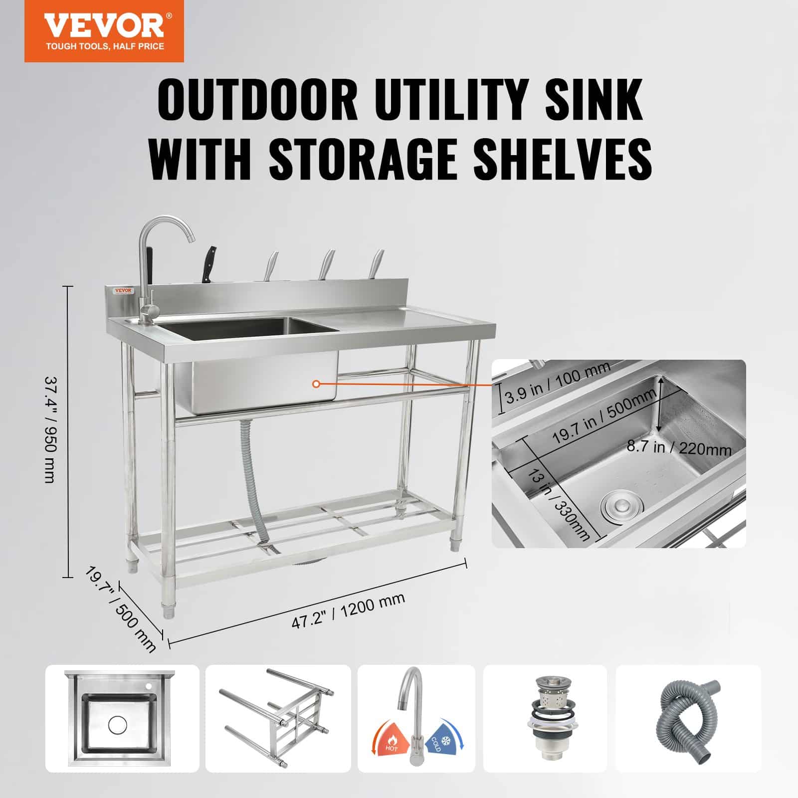 VEVOR 119.4x50x95 cm Stainless Steel Utility Sink with Workbench, Freestanding Single Bowl for Kitchen, Garage, NSF Certified - Зображення 2