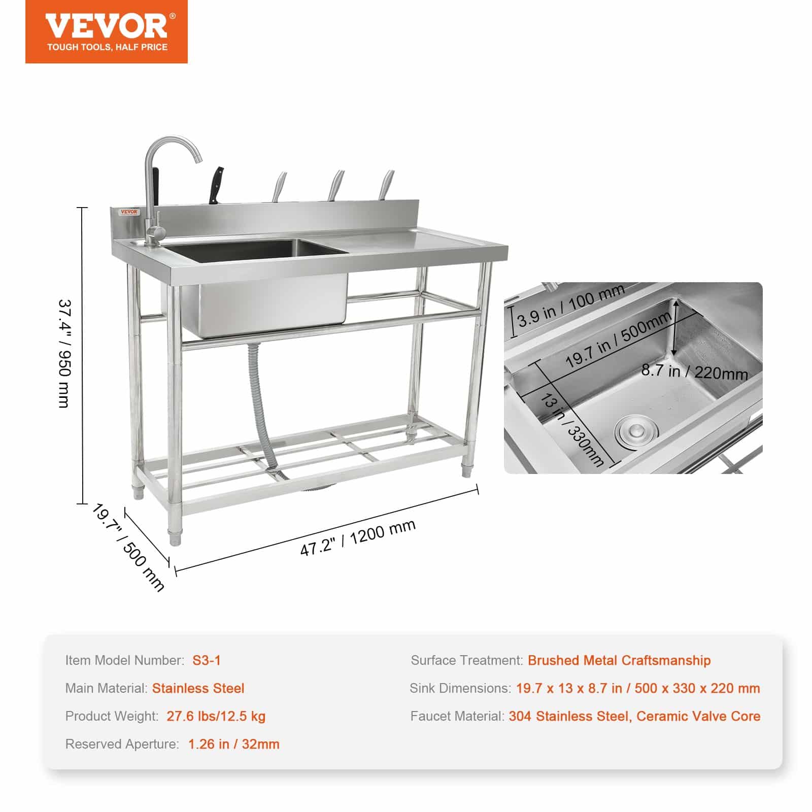 VEVOR 119.4x50x95 cm Stainless Steel Utility Sink with Workbench, Freestanding Single Bowl for Kitchen, Garage, NSF Certified - Зображення 7