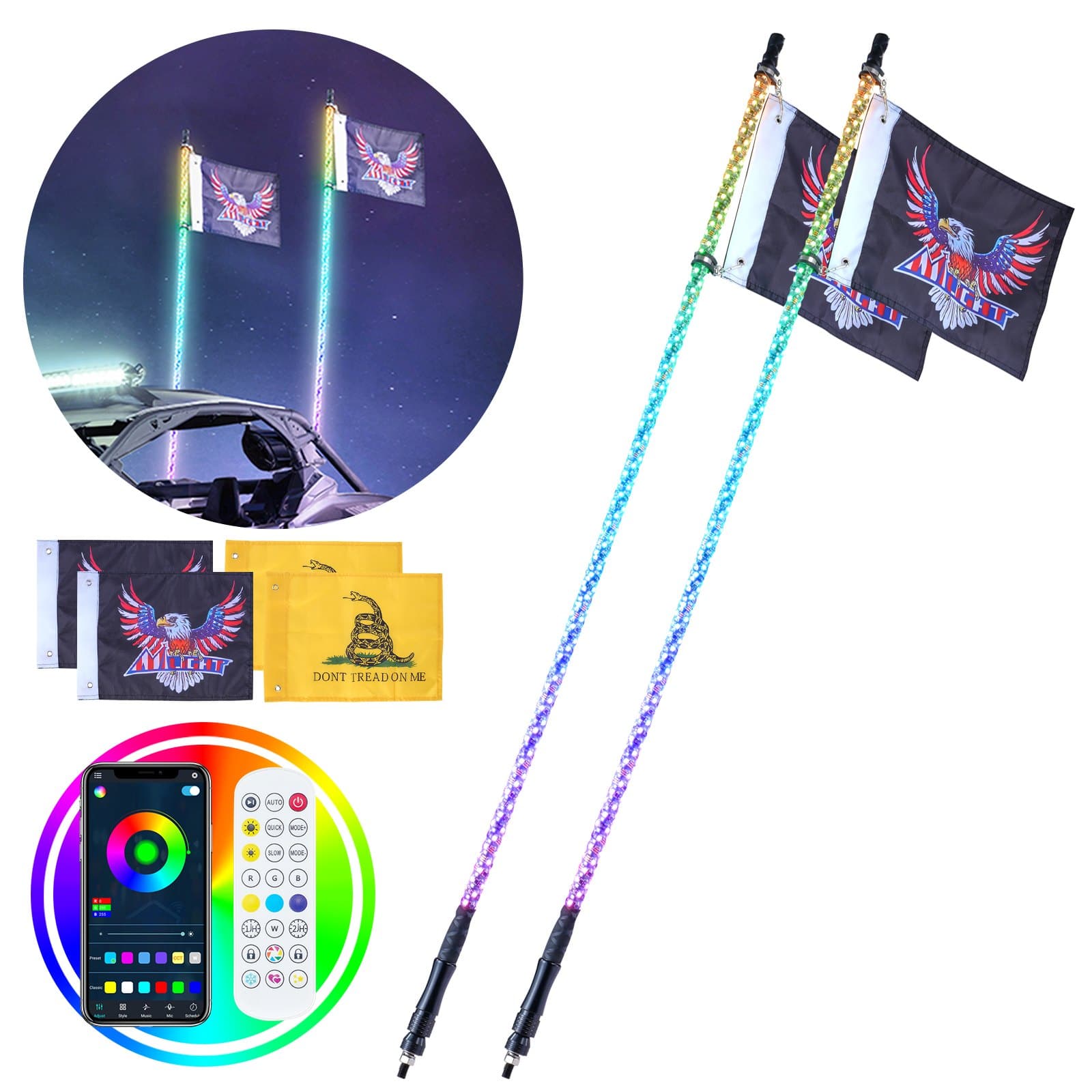 VEVOR 2x 1.5m RGB LED Whip Lights with APP & RF Remote, 360° Spiral, Waterproof, 4 Flags – for UTV, ATV, Off-Road Vehicles