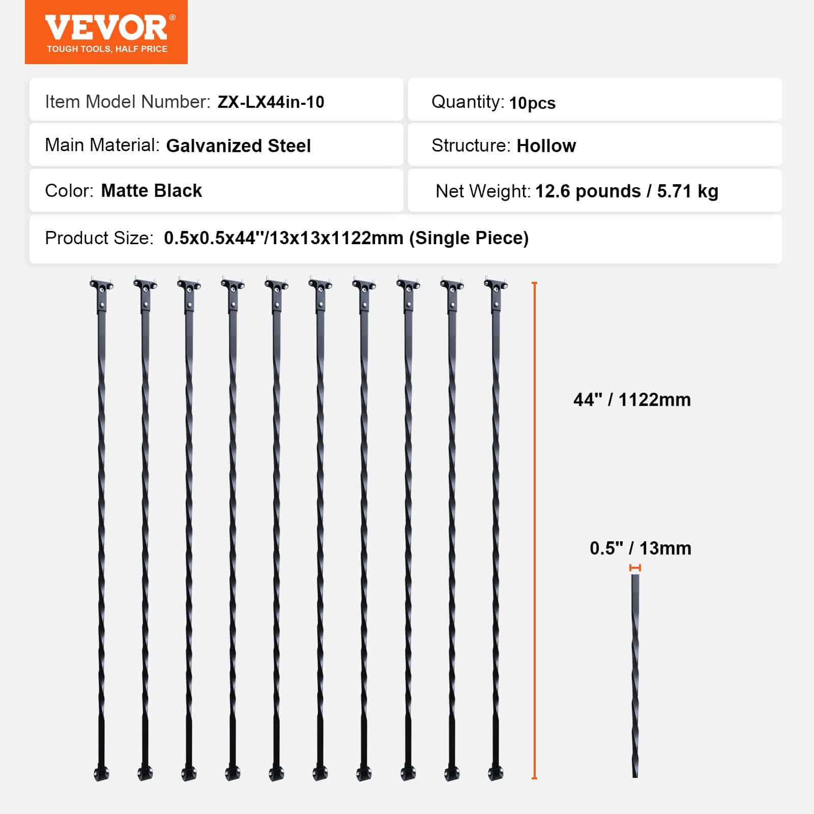 VEVOR 10-Pack Spiral Stair Balusters 111.76x1.27cm Galvanized Steel, Satin Black with Shoes & Screws, Decorative Railing Spindles - Pilt 7