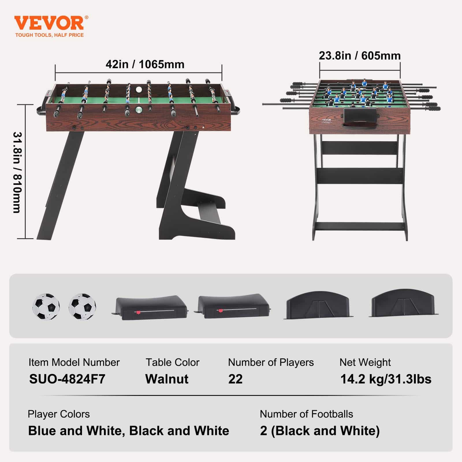 VEVOR 107 cm Foldable Foosball Table with 2 Balls, Indoor Game Table for Home, Office, Game Room, 22 Players - Pilt 7