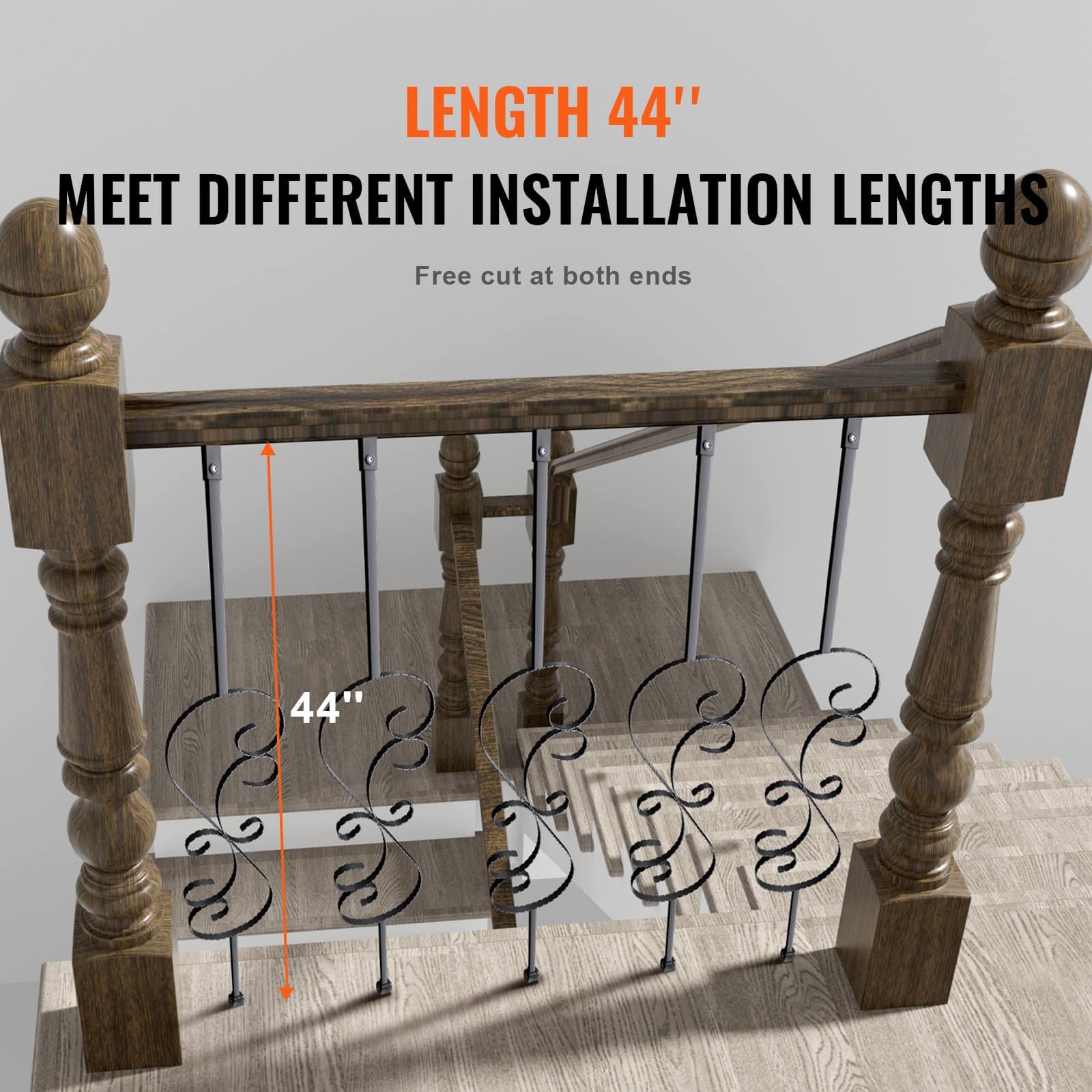 VEVOR 5-Pack S-Shaped Metal Stair Balusters, 112cm x 1.27cm Galvanized Steel, Black Spiral Railing Spindles with Shoes & Screws - Pilt 3