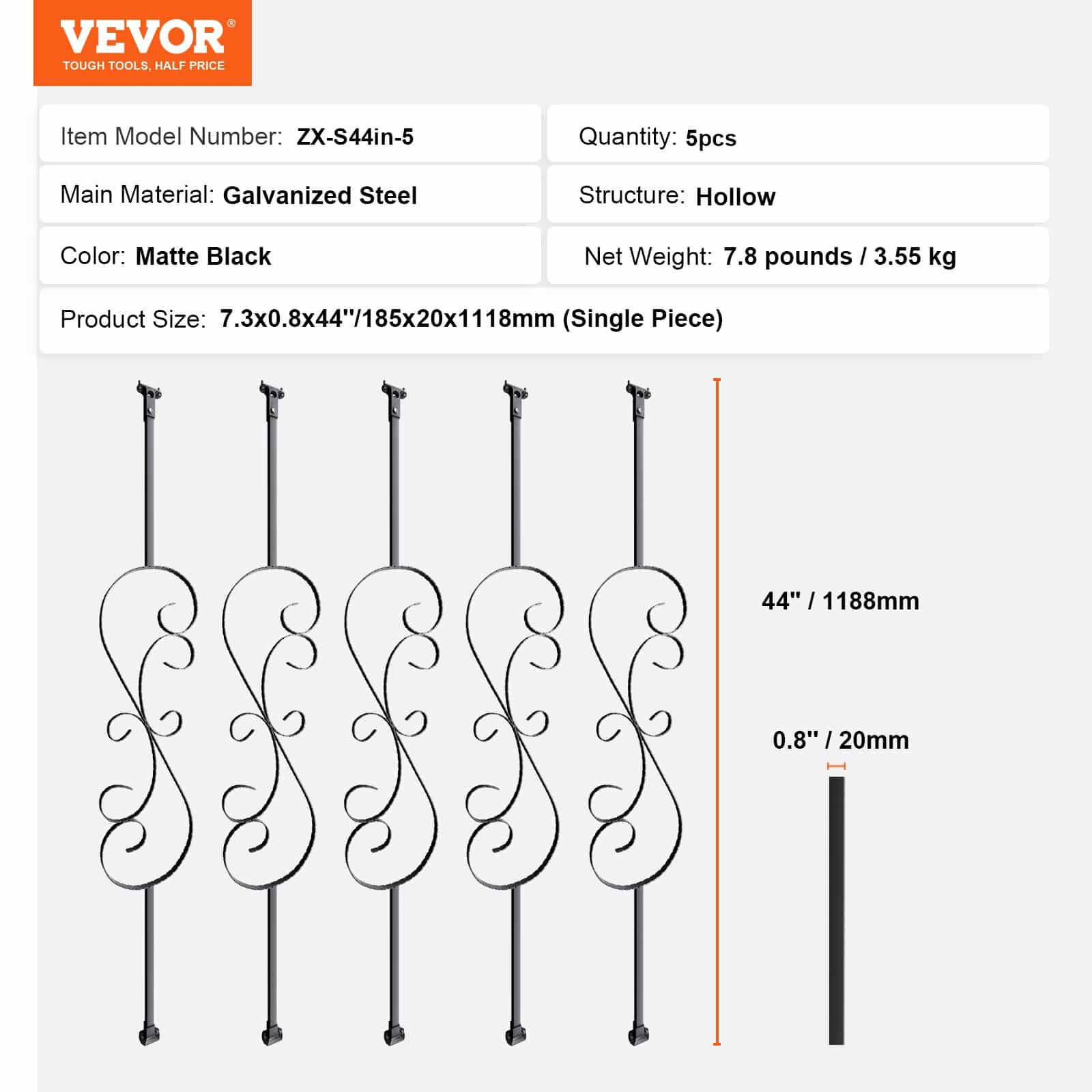 VEVOR 5-Pack S-Shaped Metal Stair Balusters, 112cm x 1.27cm Galvanized Steel, Black Spiral Railing Spindles with Shoes & Screws - Pilt 7