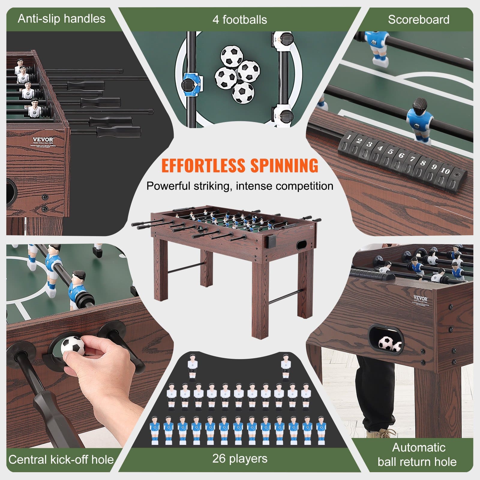 VEVOR 140 cm Full Size Foosball Table with 4 Balls, 2 Cup Holders, for Home, Game Room, Office, Durable MDF Build - Pilt 3