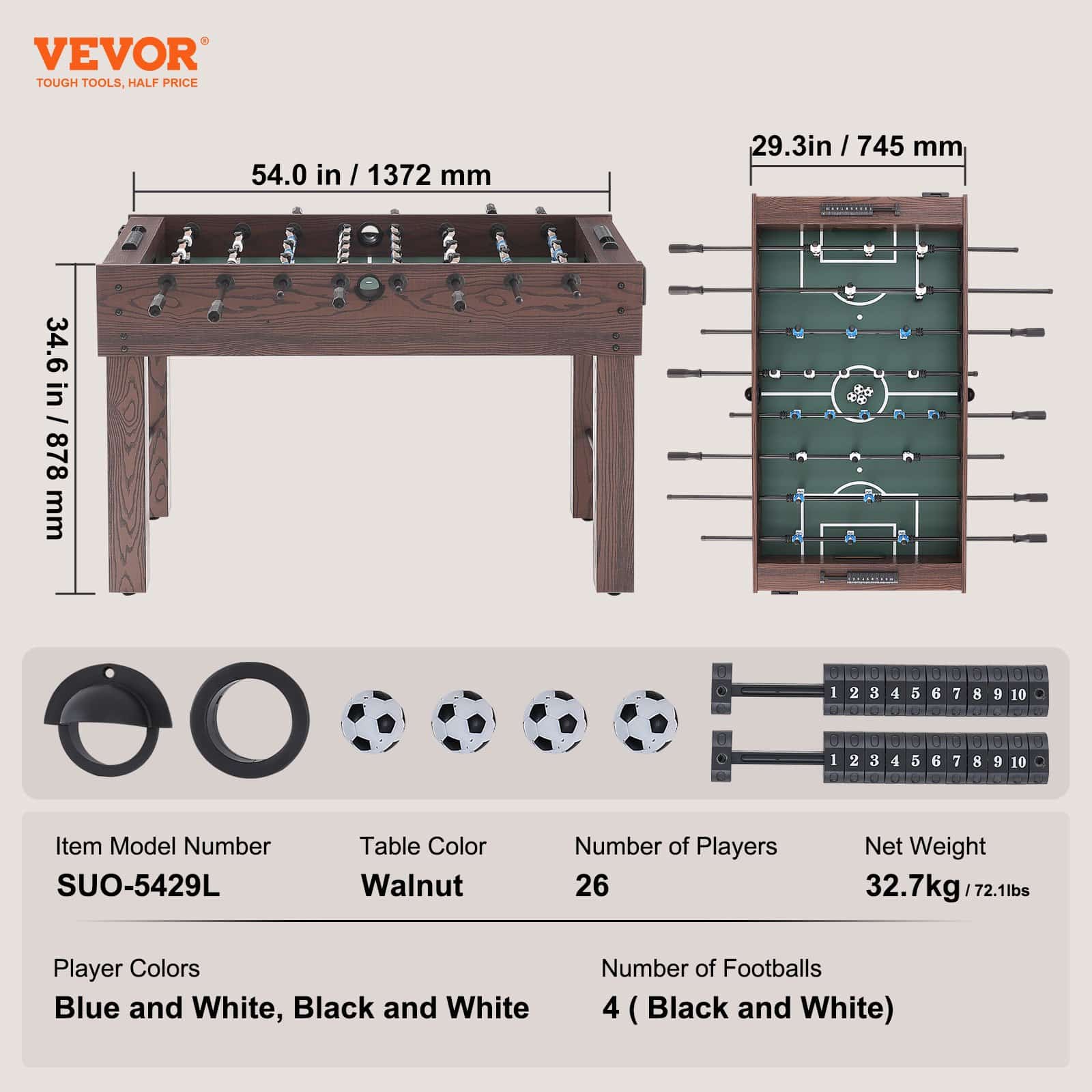 VEVOR 140 cm Full Size Foosball Table with 4 Balls, 2 Cup Holders, for Home, Game Room, Office, Durable MDF Build - Pilt 7