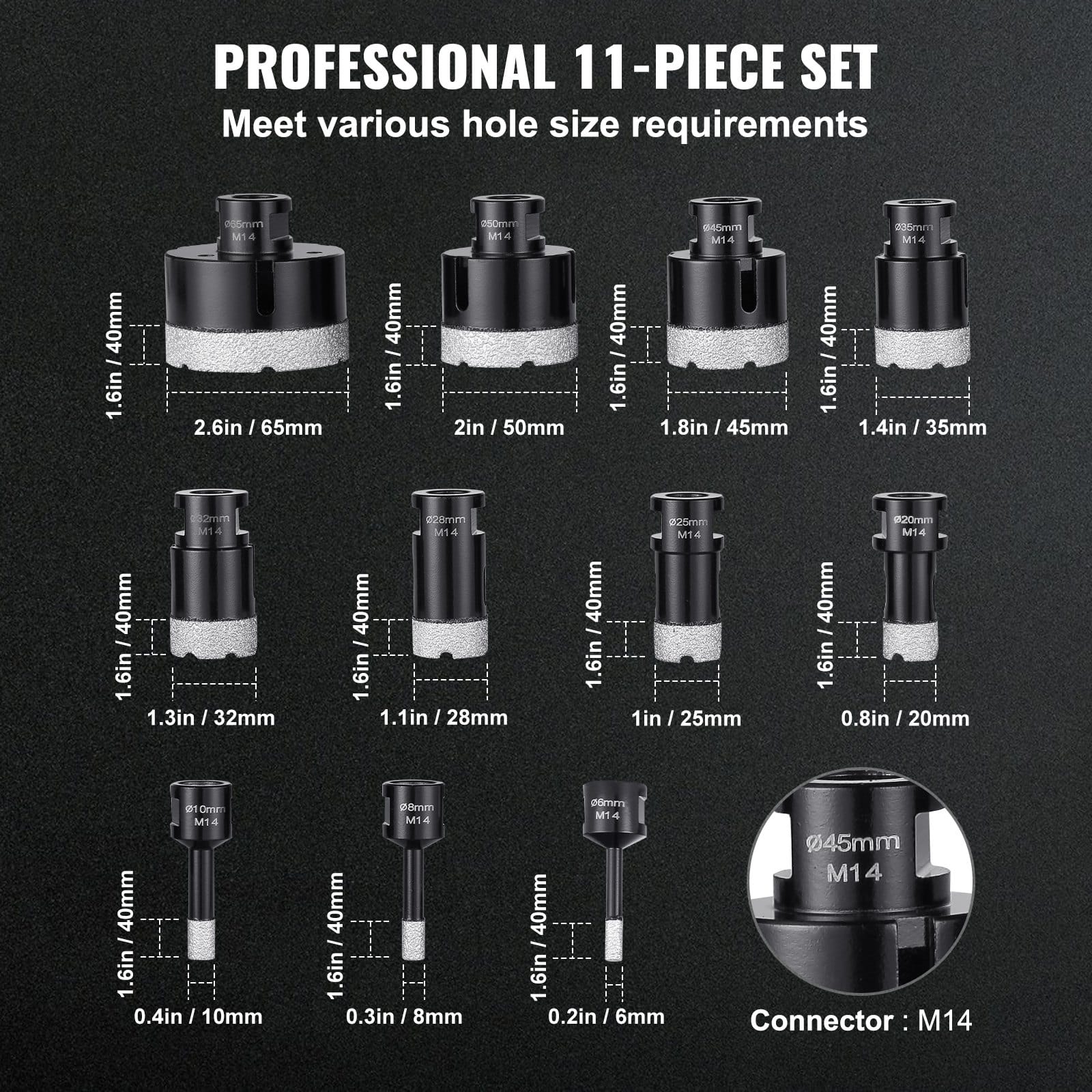 VEVOR 11-Piece Diamond Core Drill Bit Set 6–65mm with M14 Connector & Case, for Dry/Wet Cutting Ceramic Tile, Marble, Granite - Pilt 3
