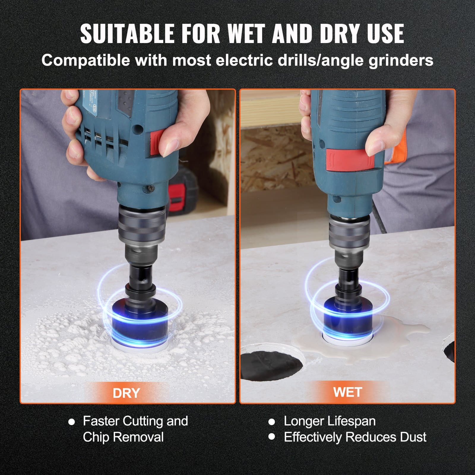 VEVOR 11-Piece Diamond Core Drill Bit Set 6–65mm with M14 Connector & Case, for Dry/Wet Cutting Ceramic Tile, Marble, Granite - Pilt 4