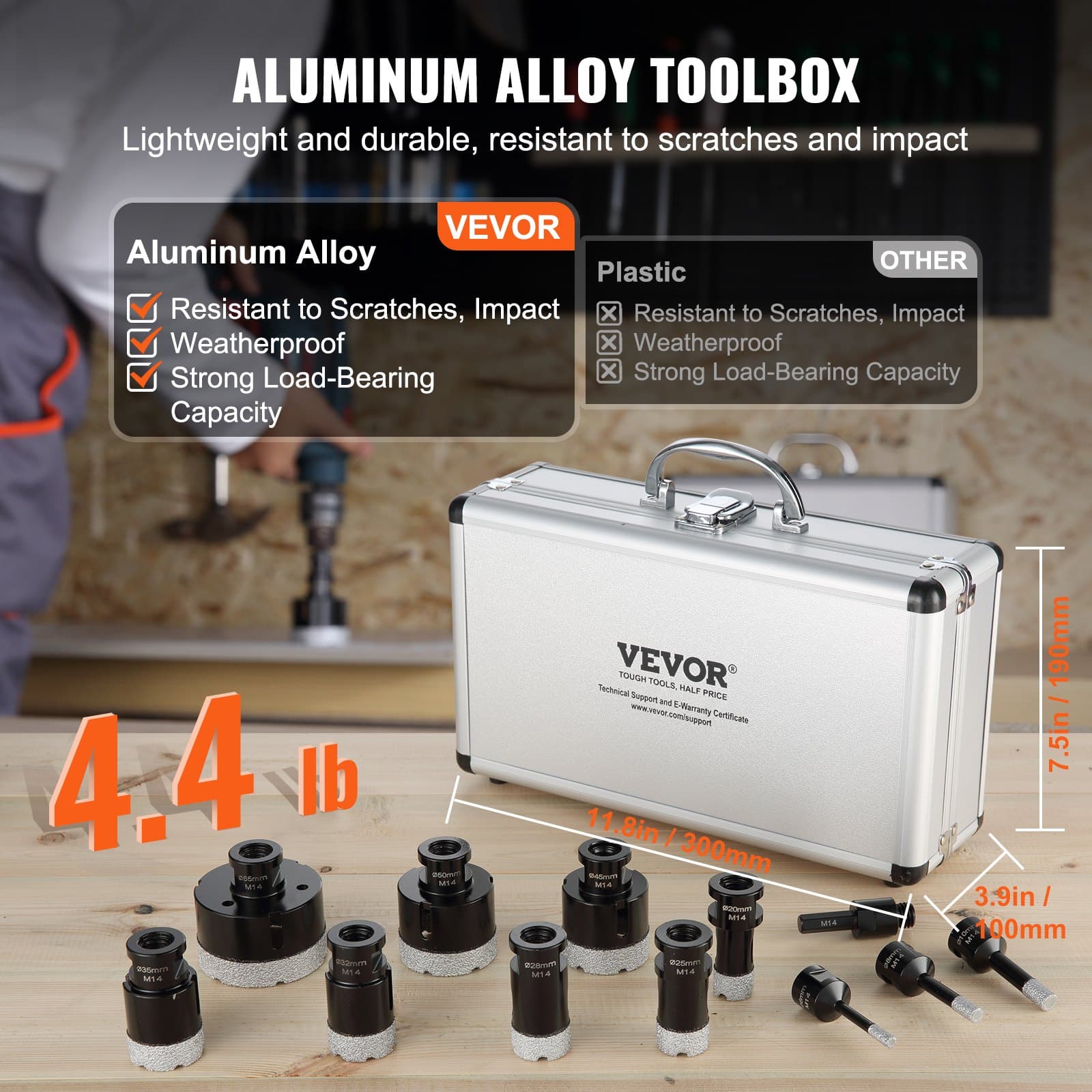 VEVOR 11-Piece Diamond Core Drill Bit Set 6–65mm with M14 Connector & Case, for Dry/Wet Cutting Ceramic Tile, Marble, Granite - Pilt 5