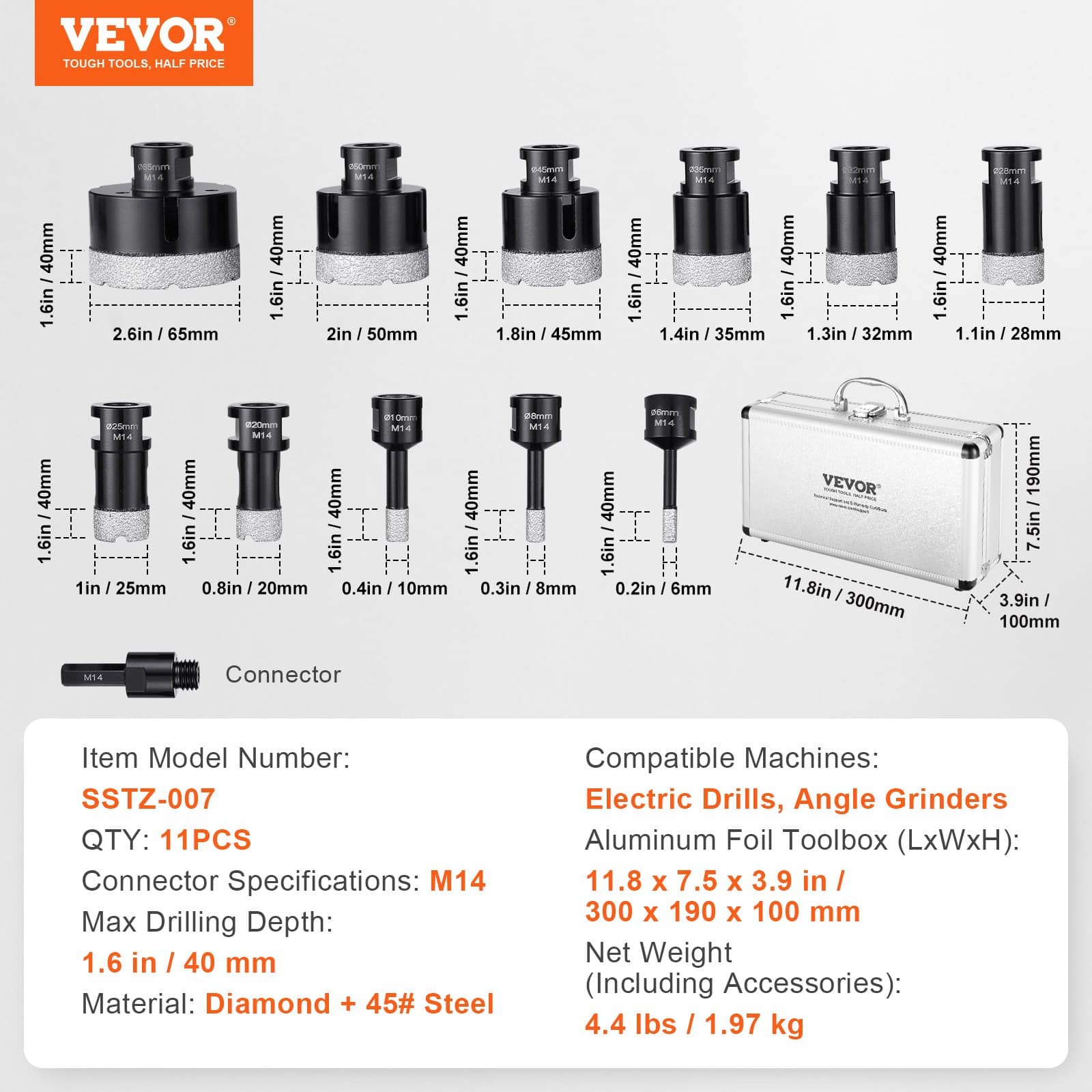 VEVOR 11-Piece Diamond Core Drill Bit Set 6–65mm with M14 Connector & Case, for Dry/Wet Cutting Ceramic Tile, Marble, Granite - Pilt 7
