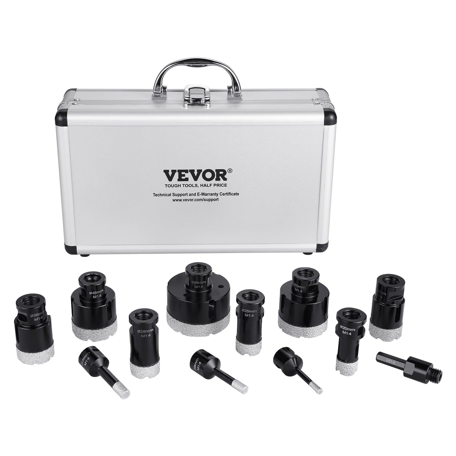 VEVOR 11-Piece Diamond Core Drill Bit Set 6–65mm with M14 Connector & Case, for Dry/Wet Cutting Ceramic Tile, Marble, Granite - Pilt 9