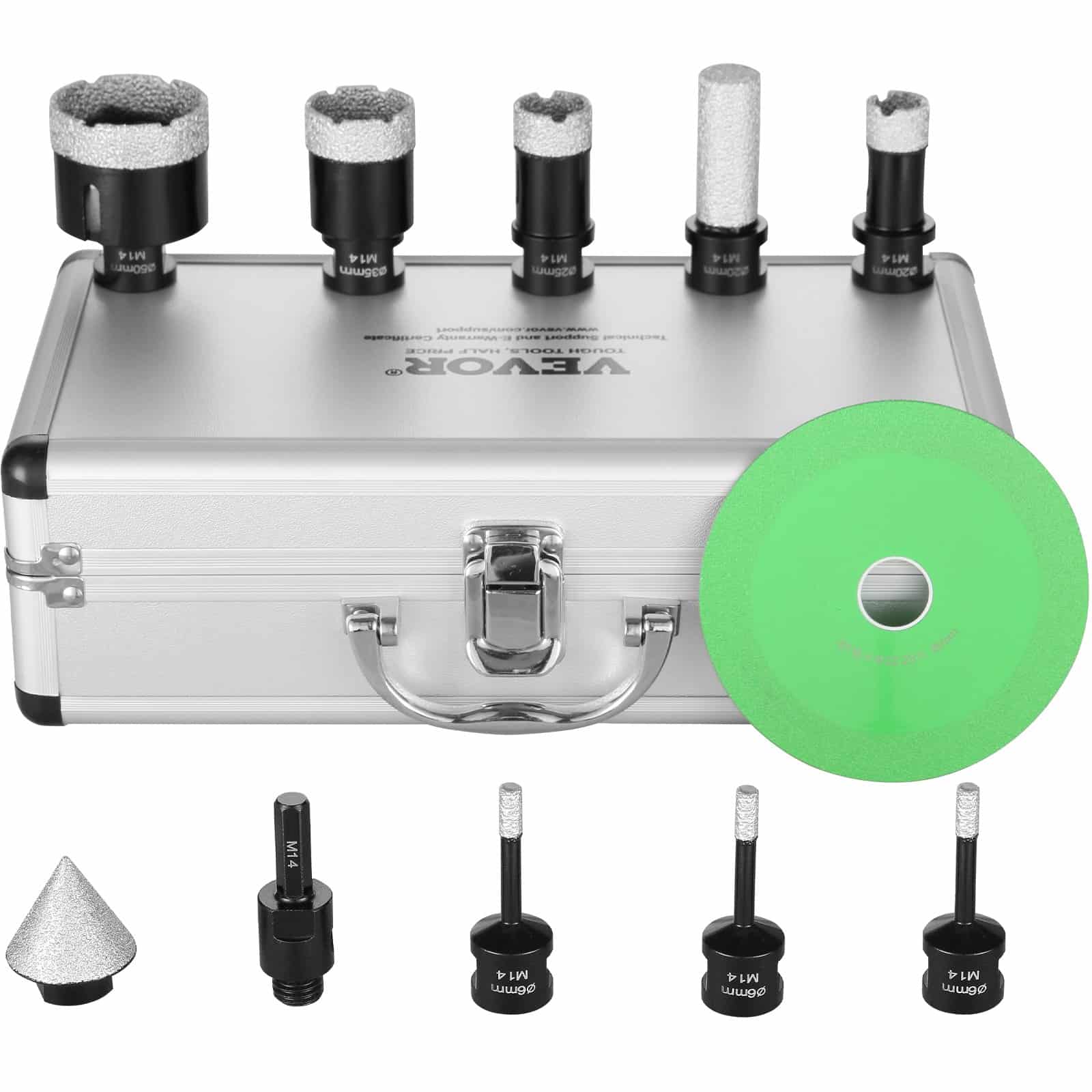 VEVOR 7-osaline Diamond Core puuriterade komplekt 6 50 mm koos saelehe, koonuse ja sõrmeotsadega, märg/kuiv plaat ja keraamiline puurimiskomplekt