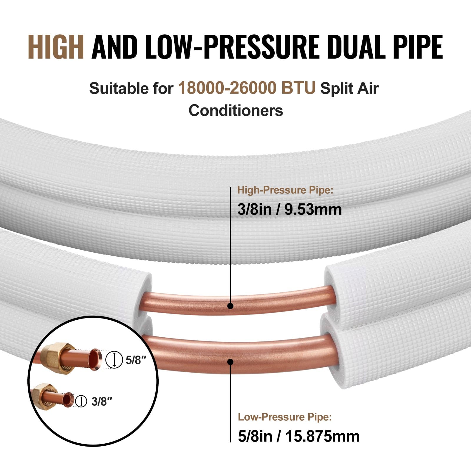 VEVOR 15240mm Mini Split Line Set with 9.5 & 15.9mm Copper Pipes and Triple-Layer Insulation for HVAC AC Systems - Pilt 3