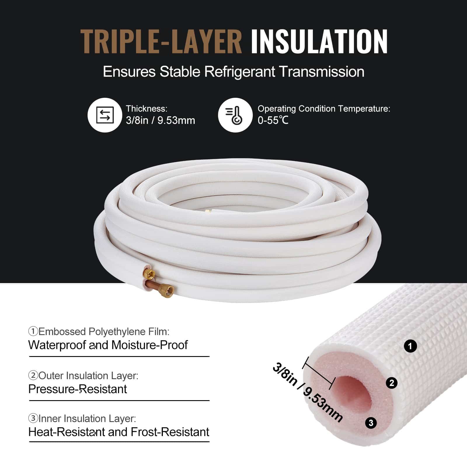 VEVOR 15240mm Mini Split Line Set with 9.5 & 15.9mm Copper Pipes and Triple-Layer Insulation for HVAC AC Systems - Pilt 5