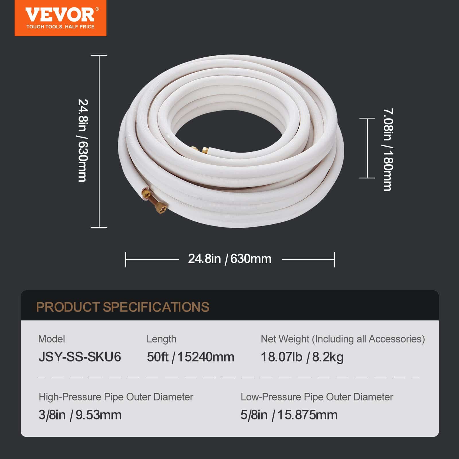 VEVOR 15240mm Mini Split Line Set with 9.5 & 15.9mm Copper Pipes and Triple-Layer Insulation for HVAC AC Systems - Pilt 7