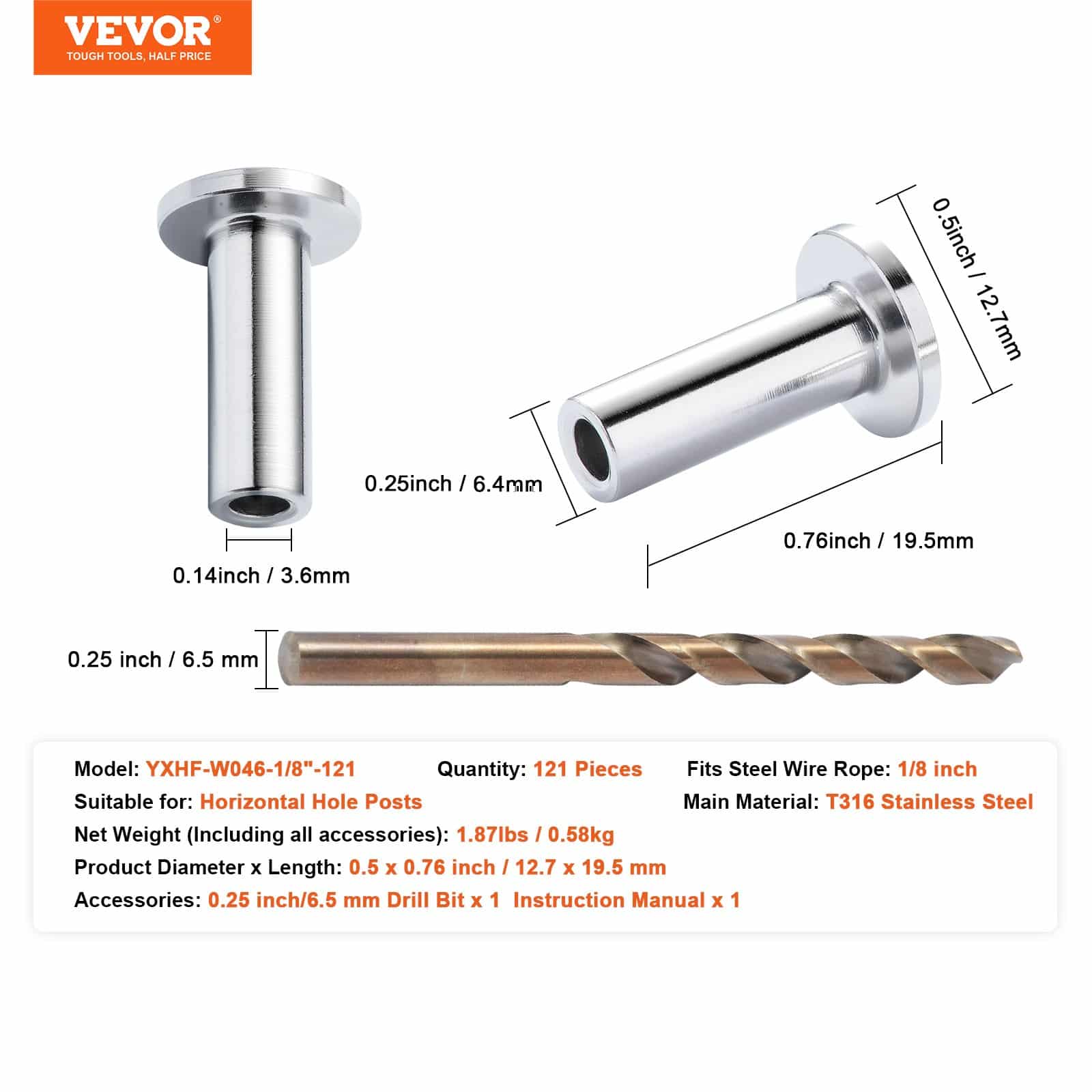 VEVOR 121-Pack T316 Stainless Steel Cable Protector Sleeves for 3.2mm Railing, DIY Balustrade Kit with Drill Bit, Silver - Pilt 7