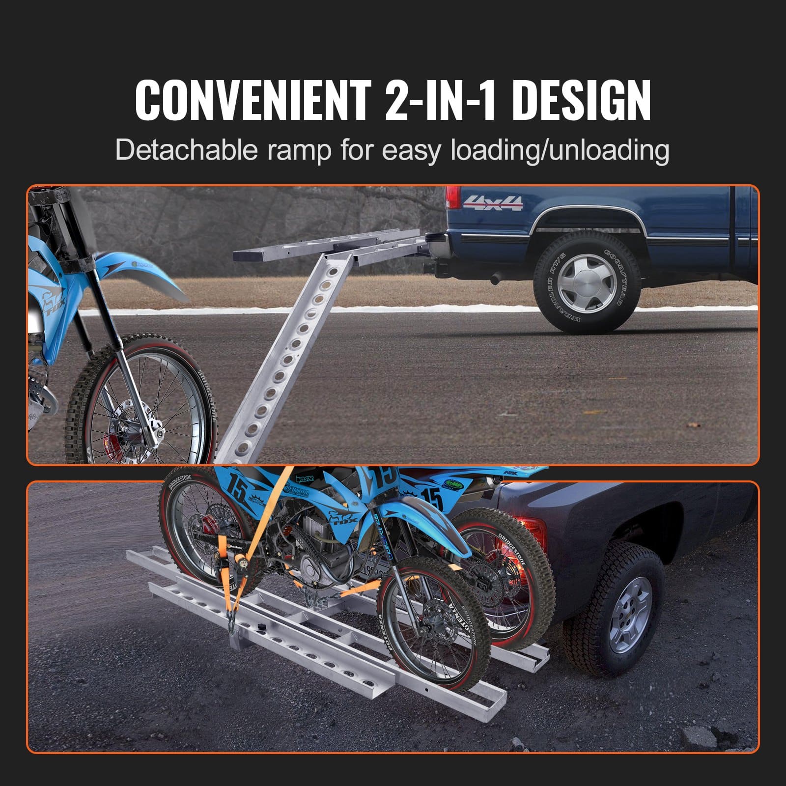 VEVOR Aluminum Motorcycle Carrier for 2 Bikes, 272 kg Capacity, Hitch Mount with Ramp, Straps, Stabilizer, Fits 5.1 cm Receiver - Зображення 4