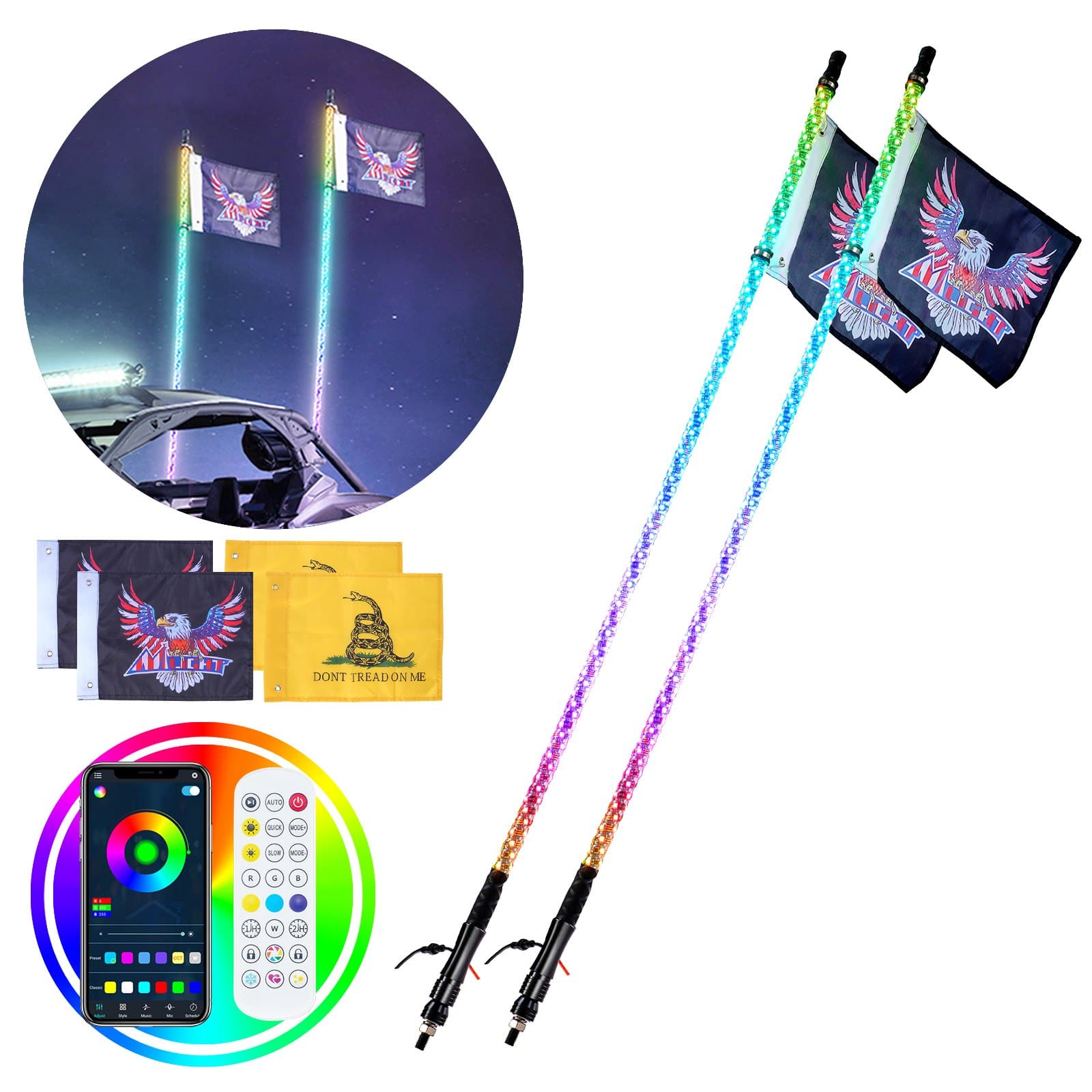 VEVOR 2PCS 121.9cm RGB LED Whip Lights with Remote & App Control, Waterproof Spiral Antenna for ATV/UTV/RZR