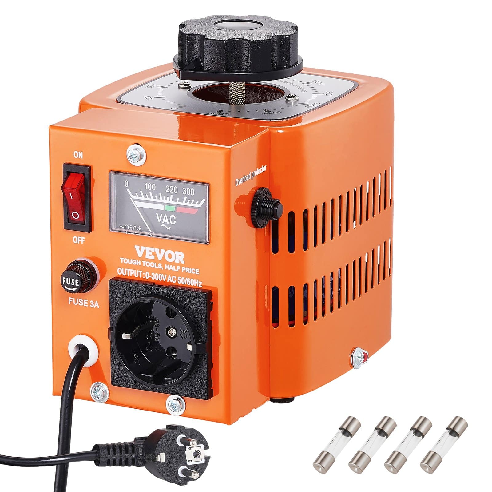 VEVOR 500VA mainīga sprieguma transformators 230V līdz 0–300V maiņstrāva, 1,7A jaudas regulators ar drošinātājiem un termoslēdzi, CE sertificēts