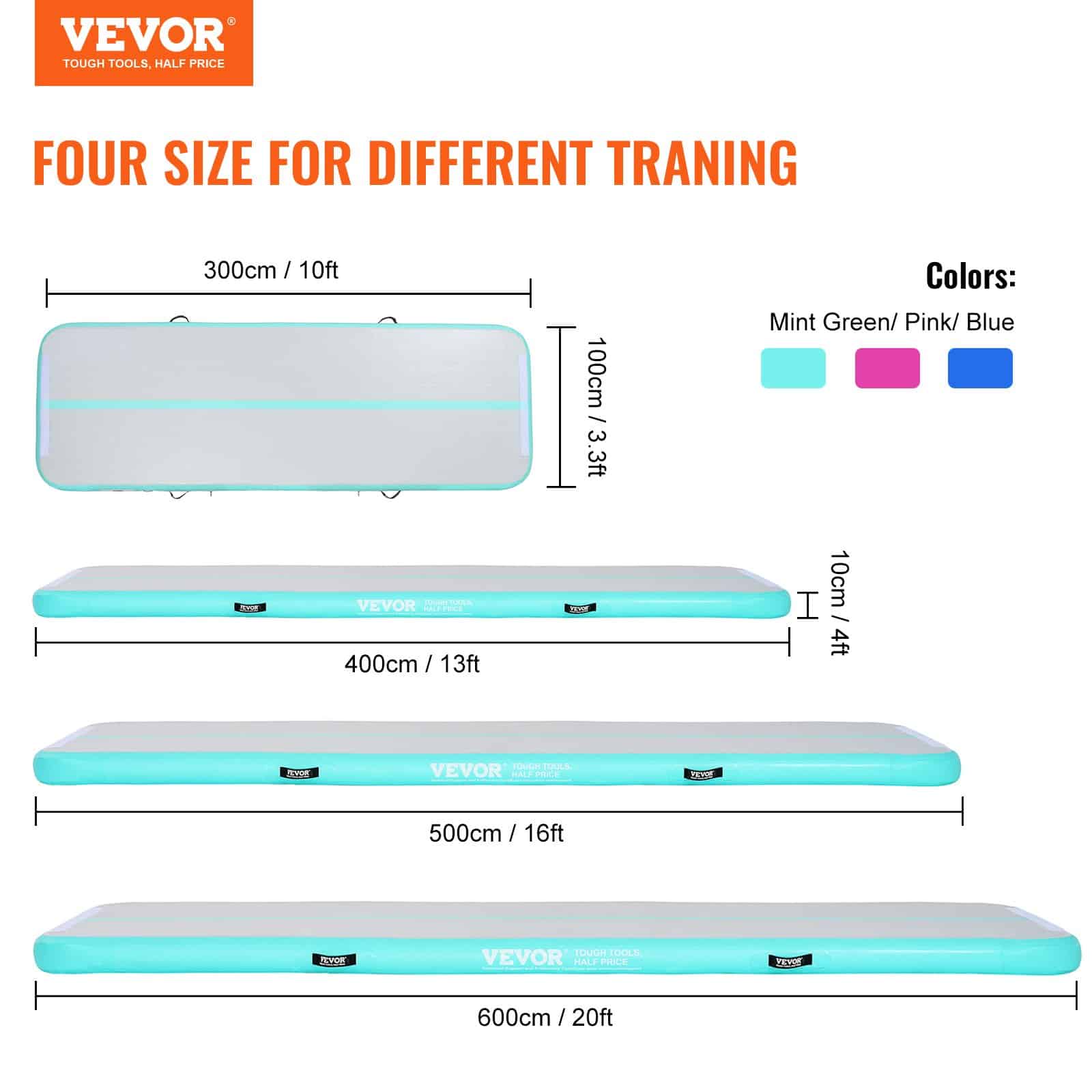 VEVOR Inflatable Gymnastics Air Track Mat 10ft x 10cm, Electric Pump, Non-Slip PVC, Mint Green, for Home, Gym, Yoga, Cheerleading – Paveikslėlis 2