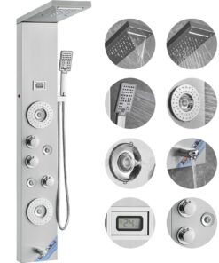 VEVOR Stainless Steel Shower Panel System with 6 Modes, LED Display, 4 Massage Jets, Handheld & Rainfall Shower, 1.5m Hose