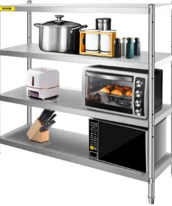 VEVOR 4-ярусная полка из нержавеющей стали, регулируемая, 180x45x150 см, грузоподъёмность 600 кг