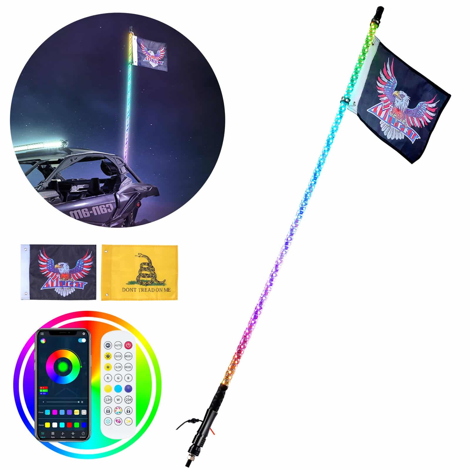 VEVOR 1pc 1.5m RGB LED Whip Light with APP & RF Remote, 360° Spiral, IP67 Waterproof, 2 Flags – for UTV, ATV, Off-road