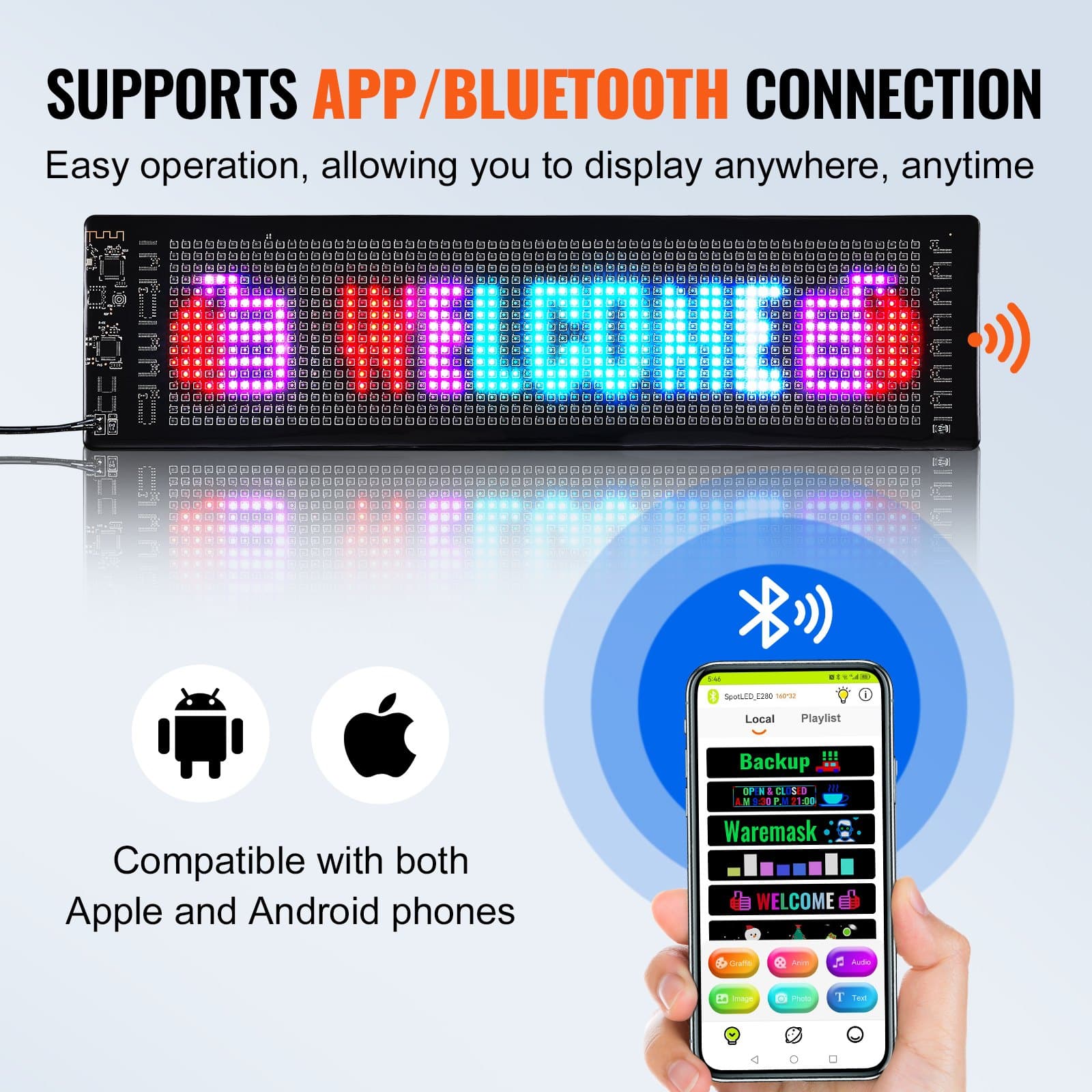 VEVOR Programmable LED Sign 38x10cm, P5 Full Color Scrolling Display Board, Bluetooth APP Control for Car, Store, Bar Ads - Image 5
