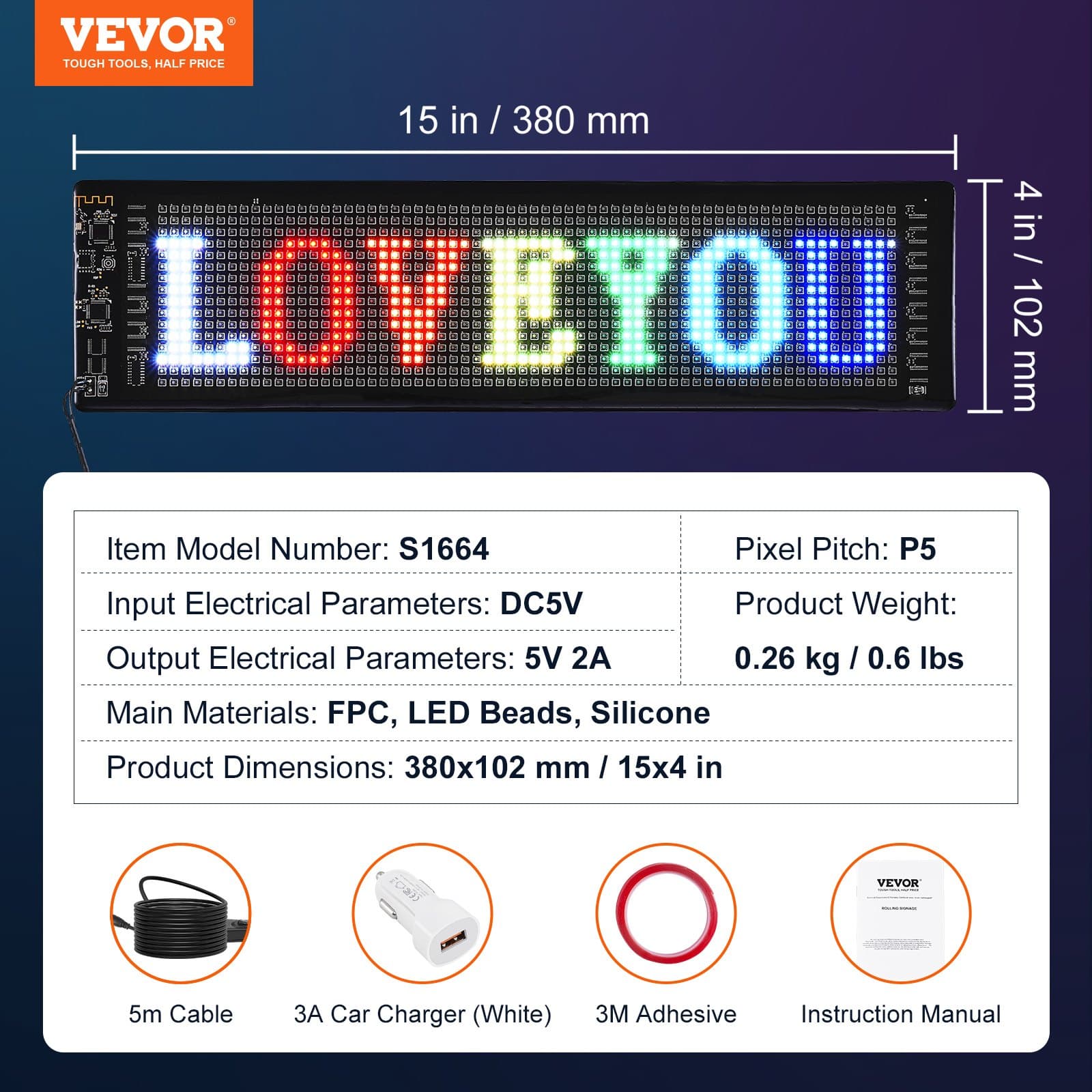 VEVOR Programmable LED Sign 38x10cm, P5 Full Color Scrolling Display Board, Bluetooth APP Control for Car, Store, Bar Ads - Image 7