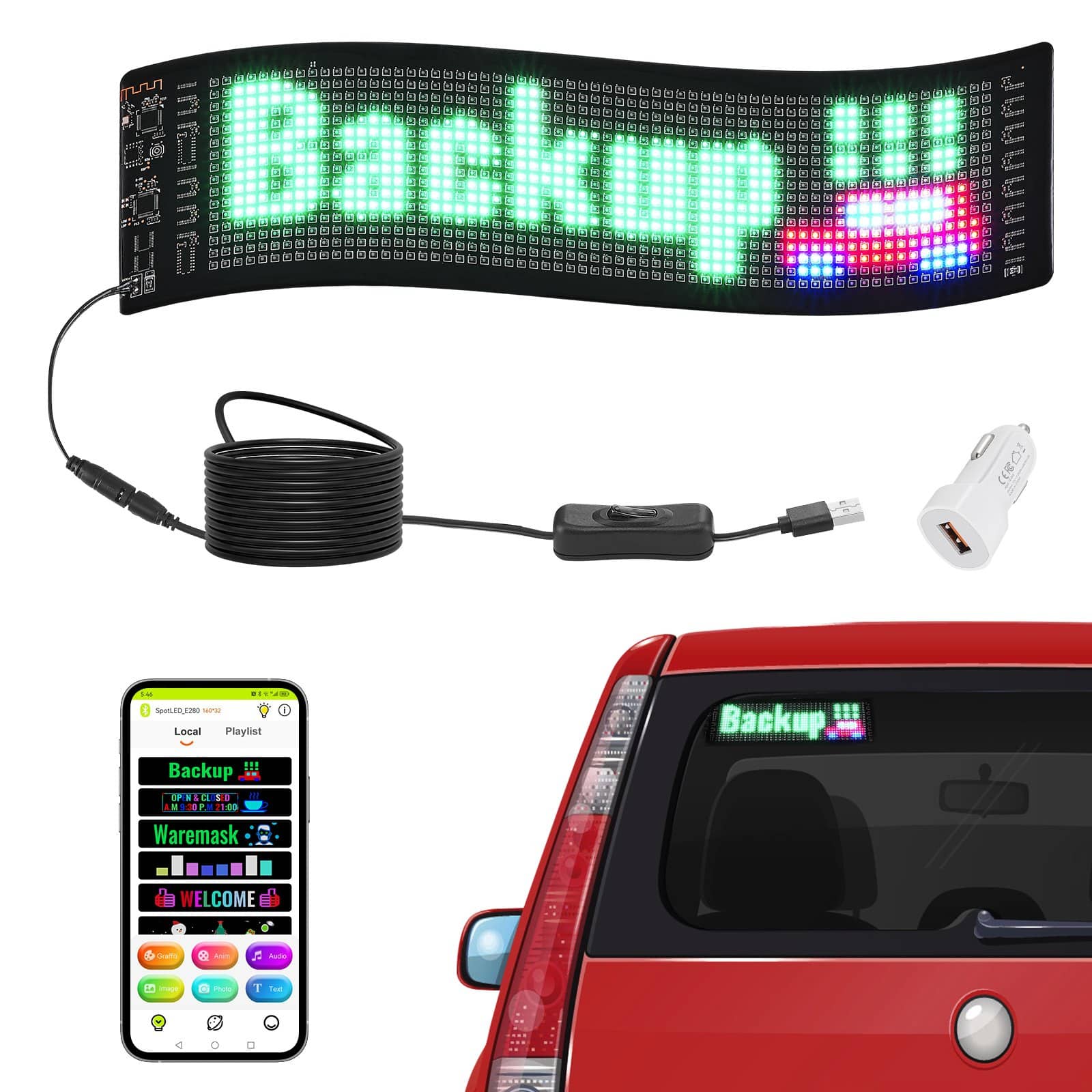 VEVOR Programmable LED Sign 38x10cm, P5 Full Color Scrolling Display Board, Bluetooth APP Control for Car, Store, Bar Ads