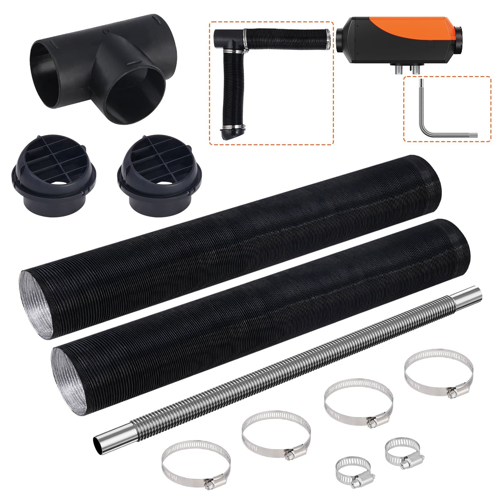 VEVOR Diesel Heater Ducting Kit for 2KW/5KW/8KW – 76mm Air Hose, 25mm Exhaust Pipe, Air Vents, Clamps & Tee Connector