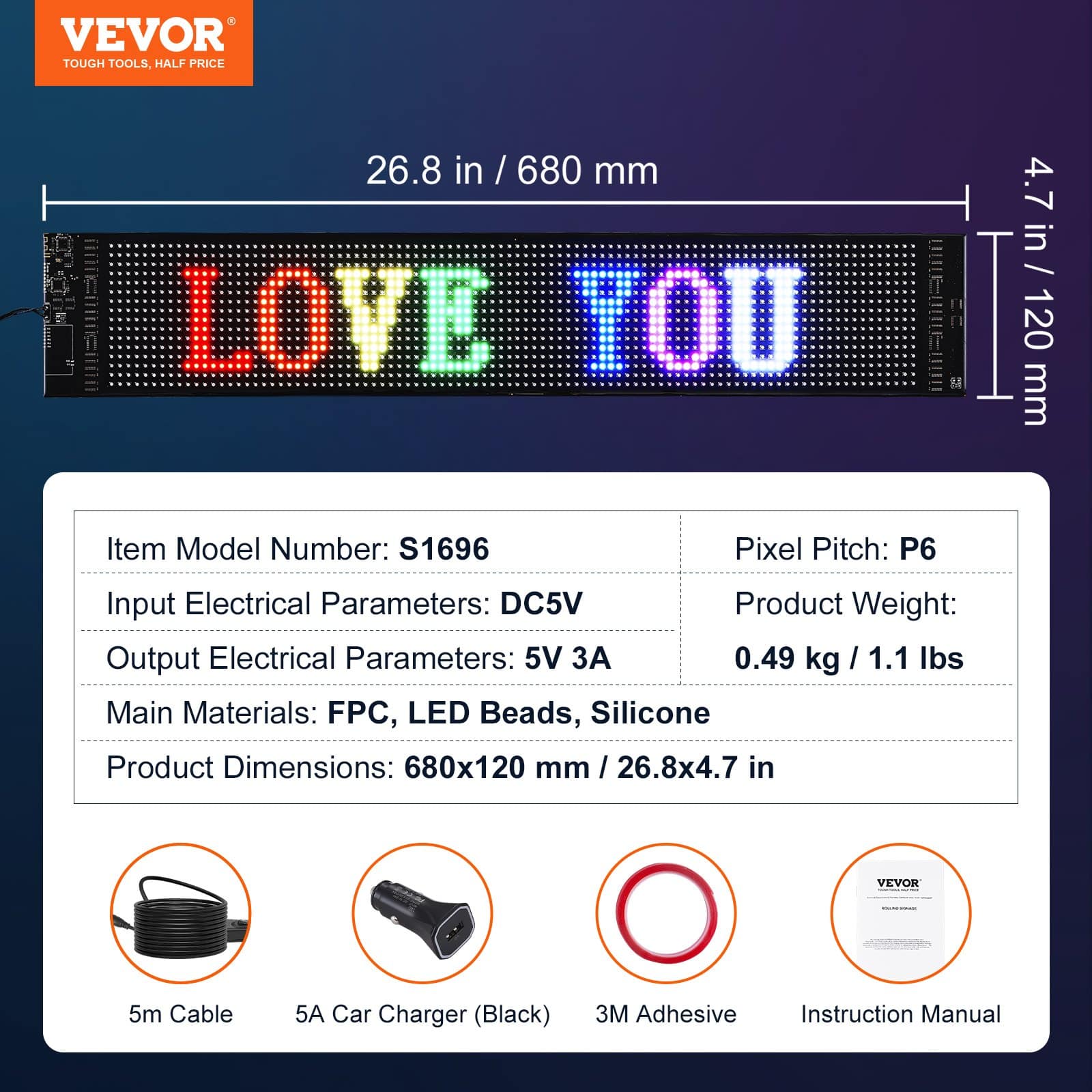 VEVOR P6 LED Sign 68x12cm, Programmable Bluetooth App Control, Full Color Scrolling Display for Store/Car Advertising - Image 7