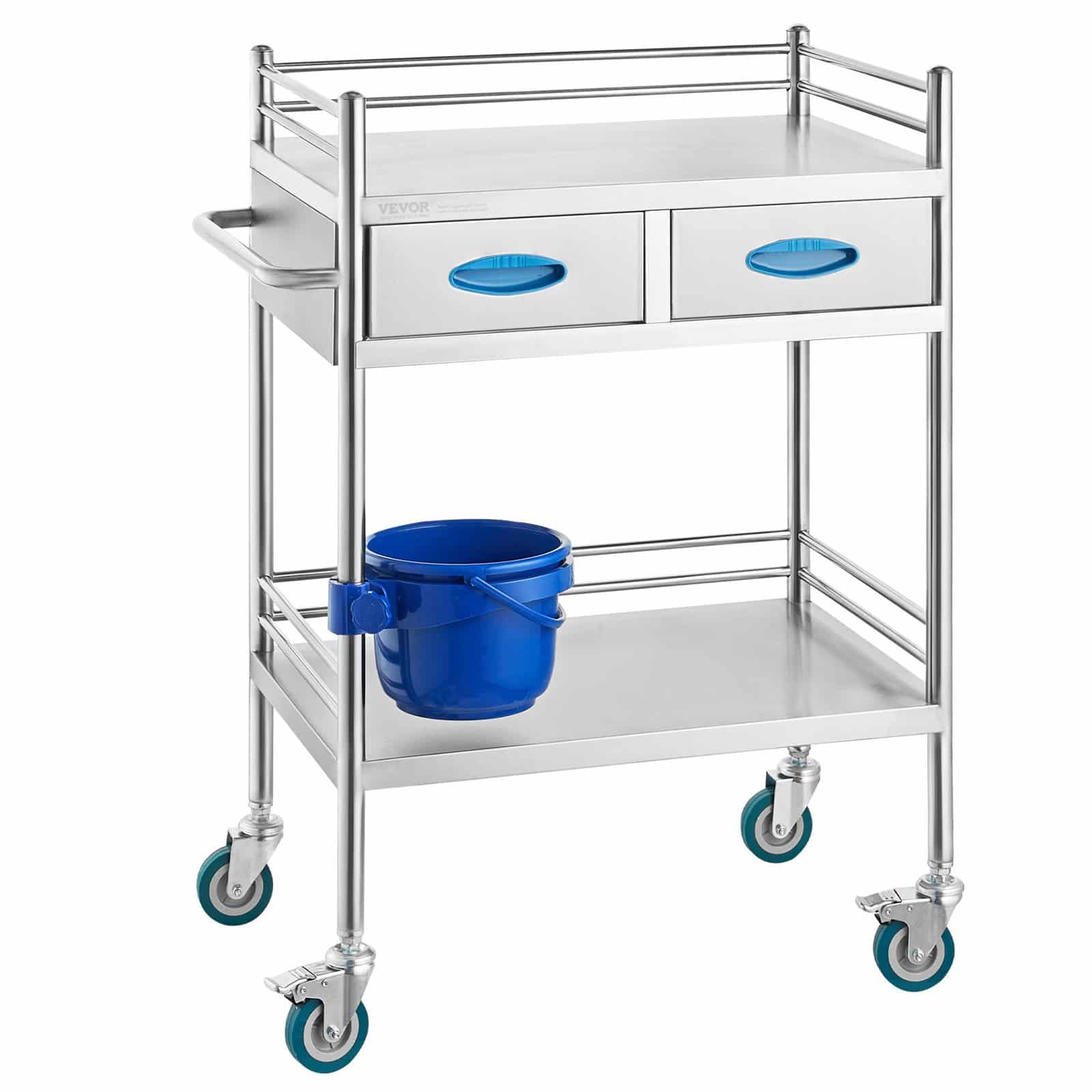 VEVOR Stainless Steel Medical Utility Cart with 2 Drawers, Lockable Wheels & Bucket – 2-Layer Lab Trolley for Hospital & Dental Use