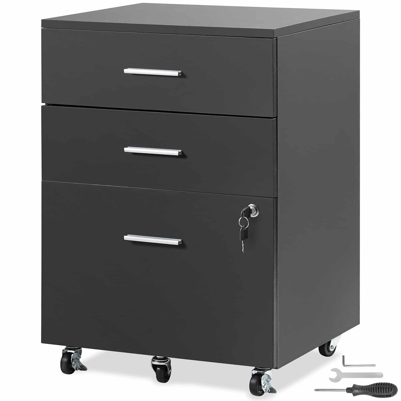 VEVOR 3-Drawer Wood File Cabinet with Lock, A4/Letter Size, 5 Wheels, Adjustable Drawer, Black, for Home or Office Use