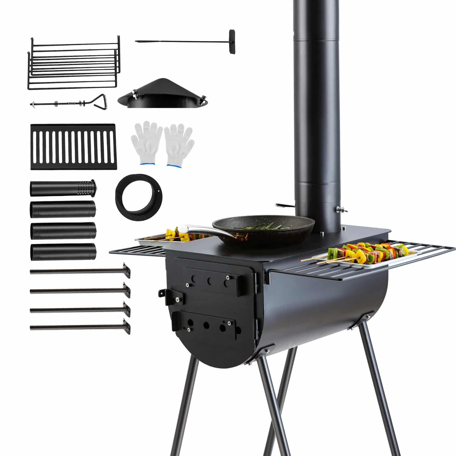 VEVOR Portable Alloy Steel Wood Stove with 3m Chimney, 49161cm³ Firebox, 8 Pipes & Gloves for Outdoor Cooking & Heating