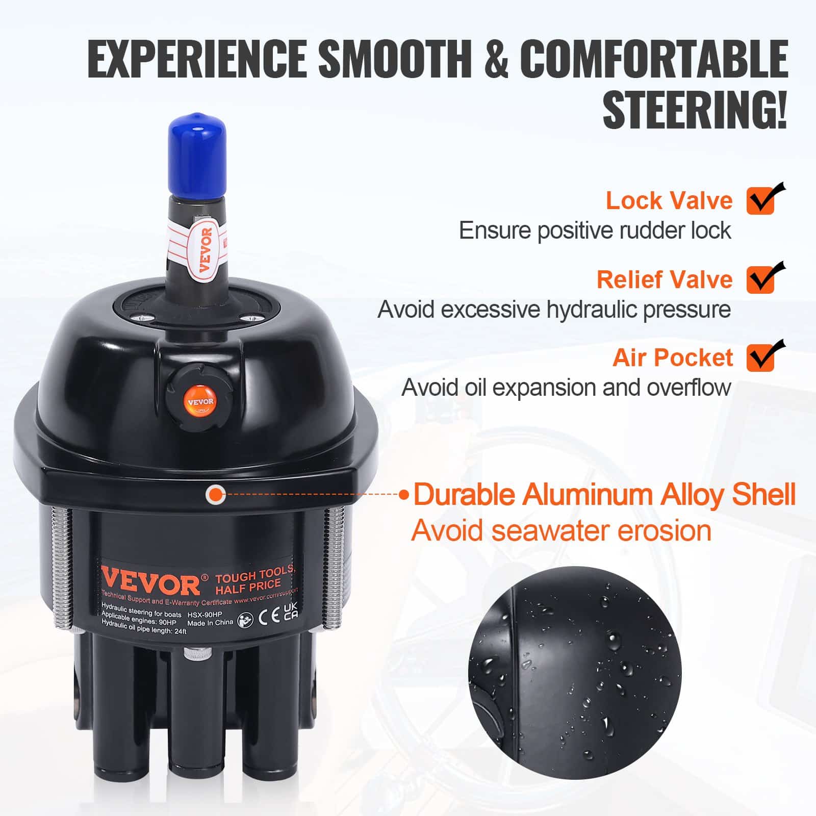 VEVOR Marine Hydraulic Steering Kit for 90HP Outboard Motors, Includes Helm Pump, Lock Cylinder & 731.5 cm Hose - Зображення 3