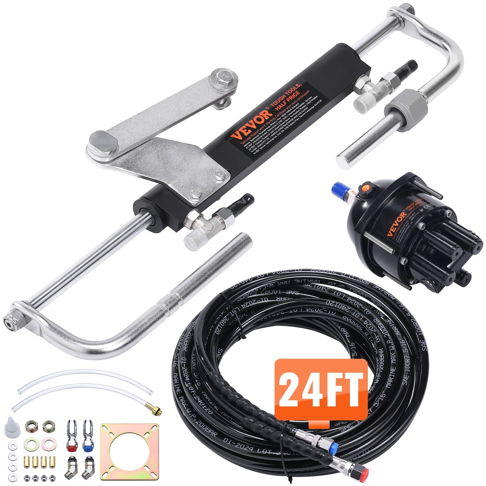 VEVOR Marine Hydraulic Steering Kit for 90HP Outboard Motors, Includes Helm Pump, Lock Cylinder & 731.5 cm Hose