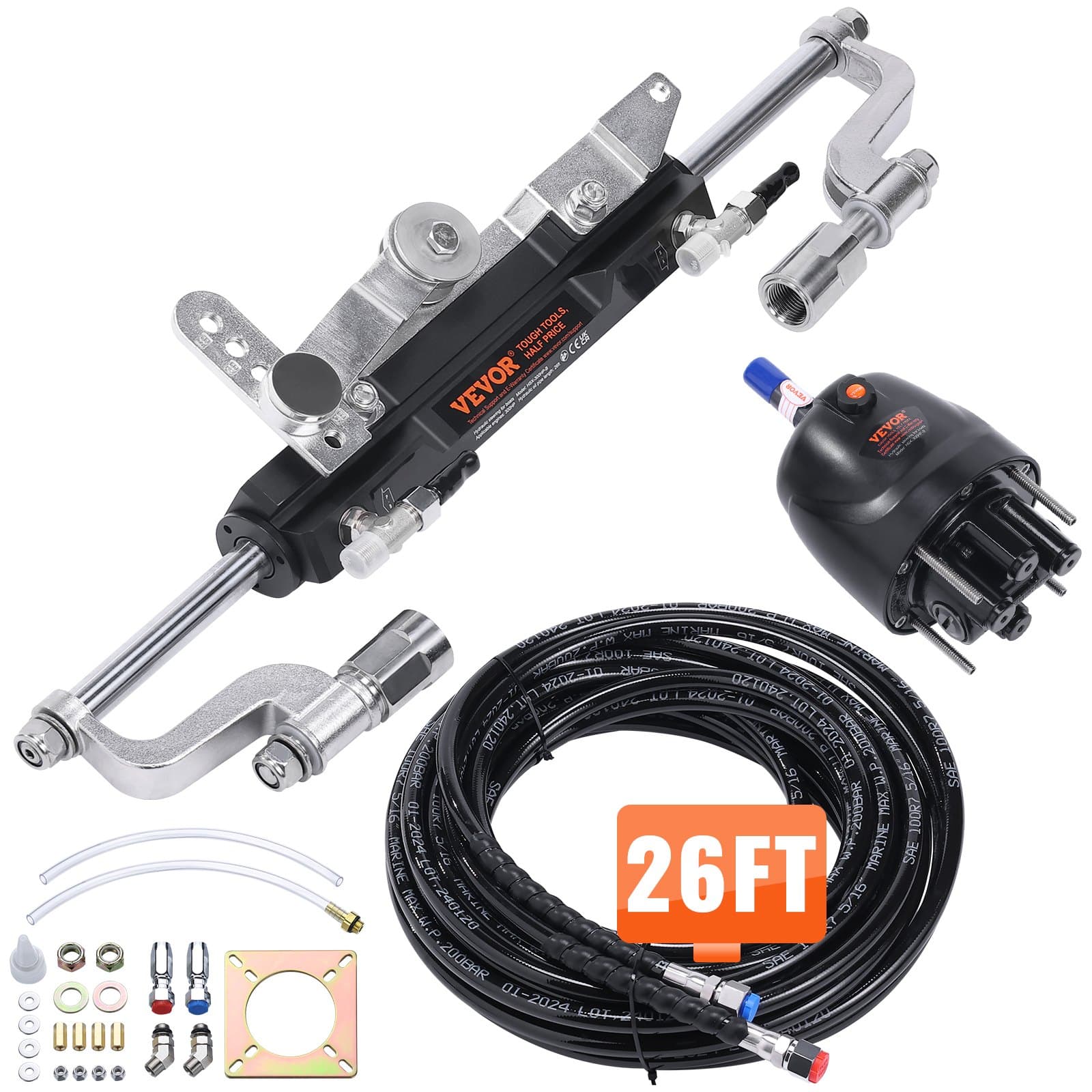 VEVOR 300HP Marine Hydraulic Outboard Steering Kit with Helm Pump, 792.5cm Hoses & Lock Cylinder for Single-Engine Boats