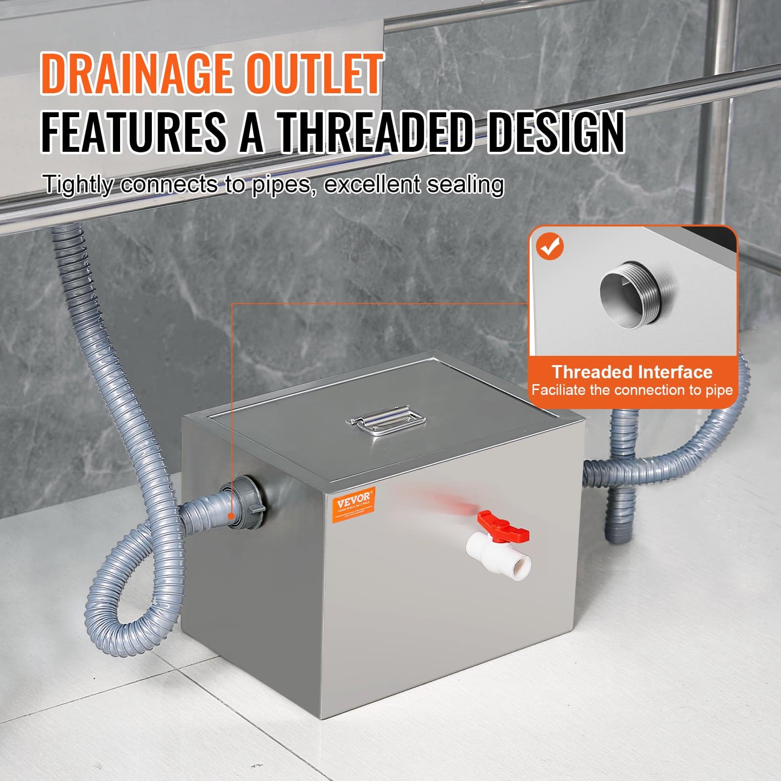 VEVOR 3.6 kg Stainless Steel Grease Trap, 2.8 GPM Interceptor with Side Inlet, Under Sink Oil Separator for Kitchen & Restaurant - Зображення 4