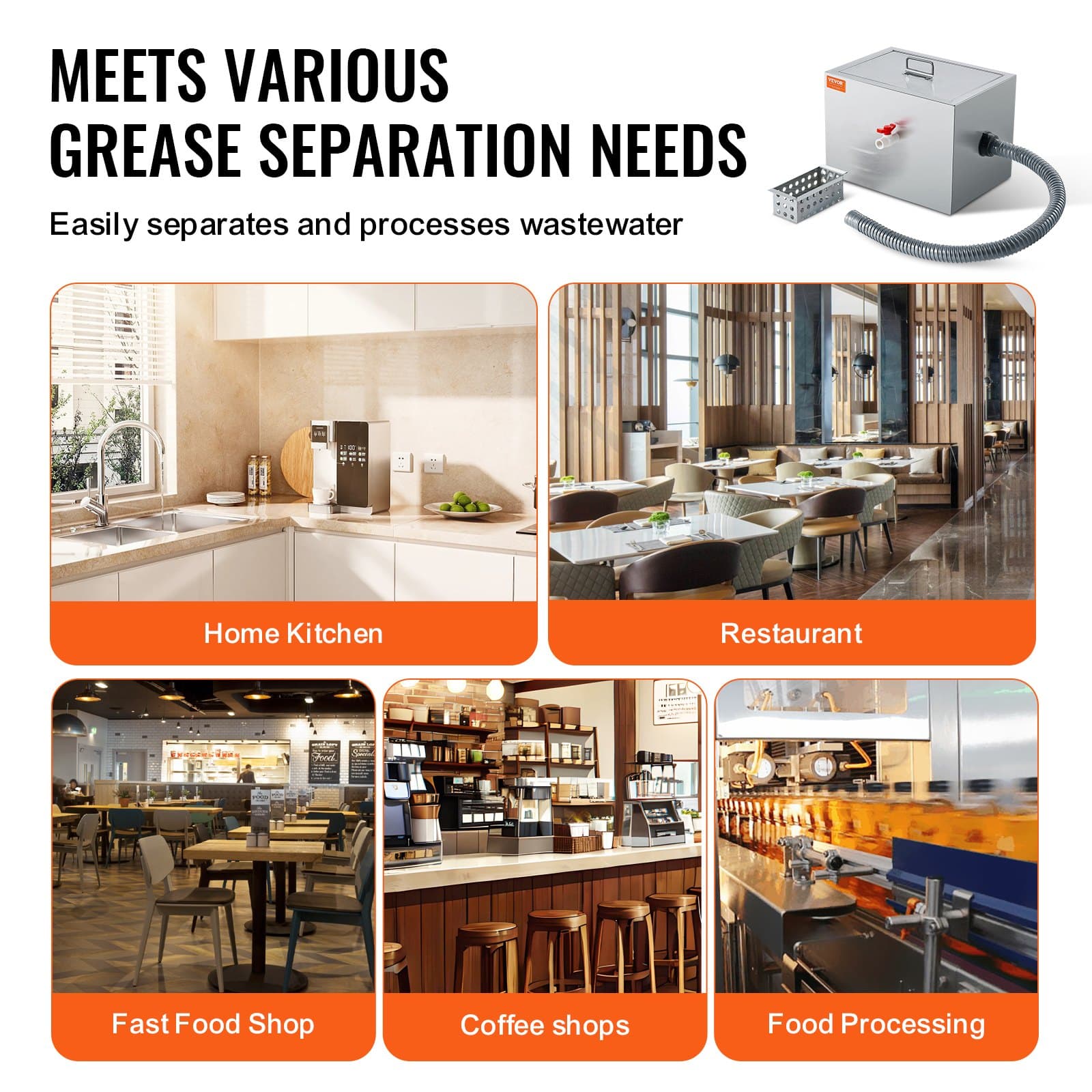 VEVOR 3.6 kg Stainless Steel Grease Trap, 2.8 GPM Interceptor with Side Inlet, Under Sink Oil Separator for Kitchen & Restaurant - Зображення 6