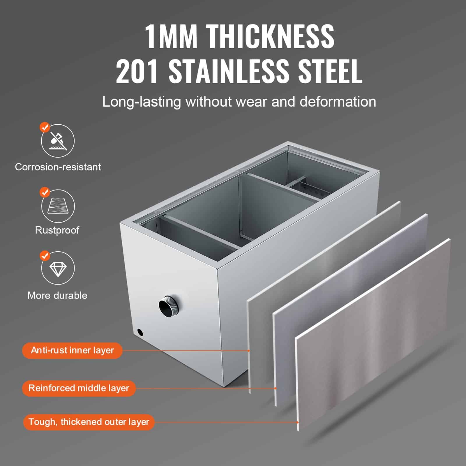 VEVOR 11.3 kg Stainless Steel Grease Trap, 6.4 GPM Interceptor with Top Inlet for Restaurant and Home Kitchen Wastewater - Зображення 3